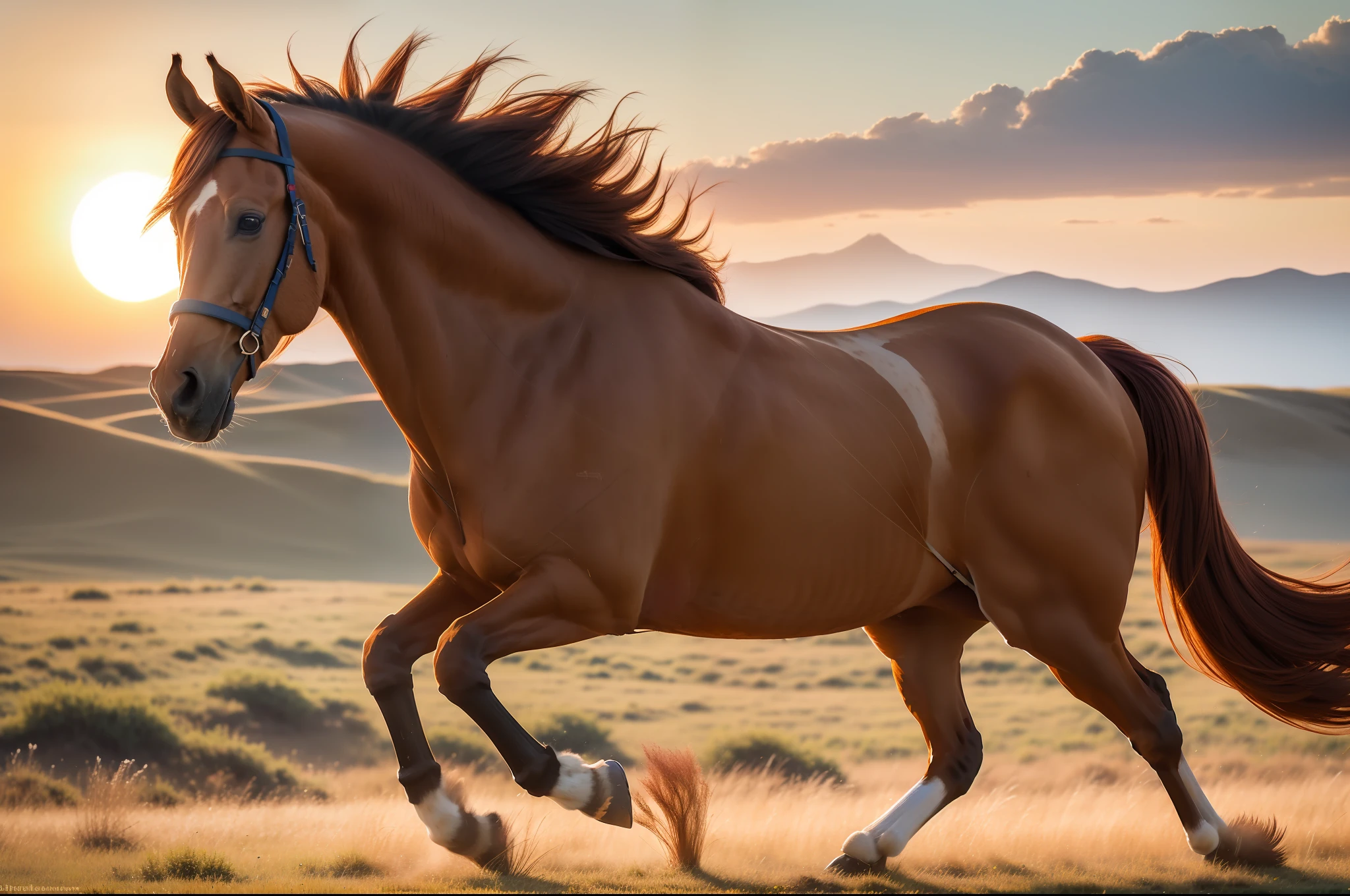 A brown-red horse galloped across the steppe in the setting sun, full limbs, long mane,