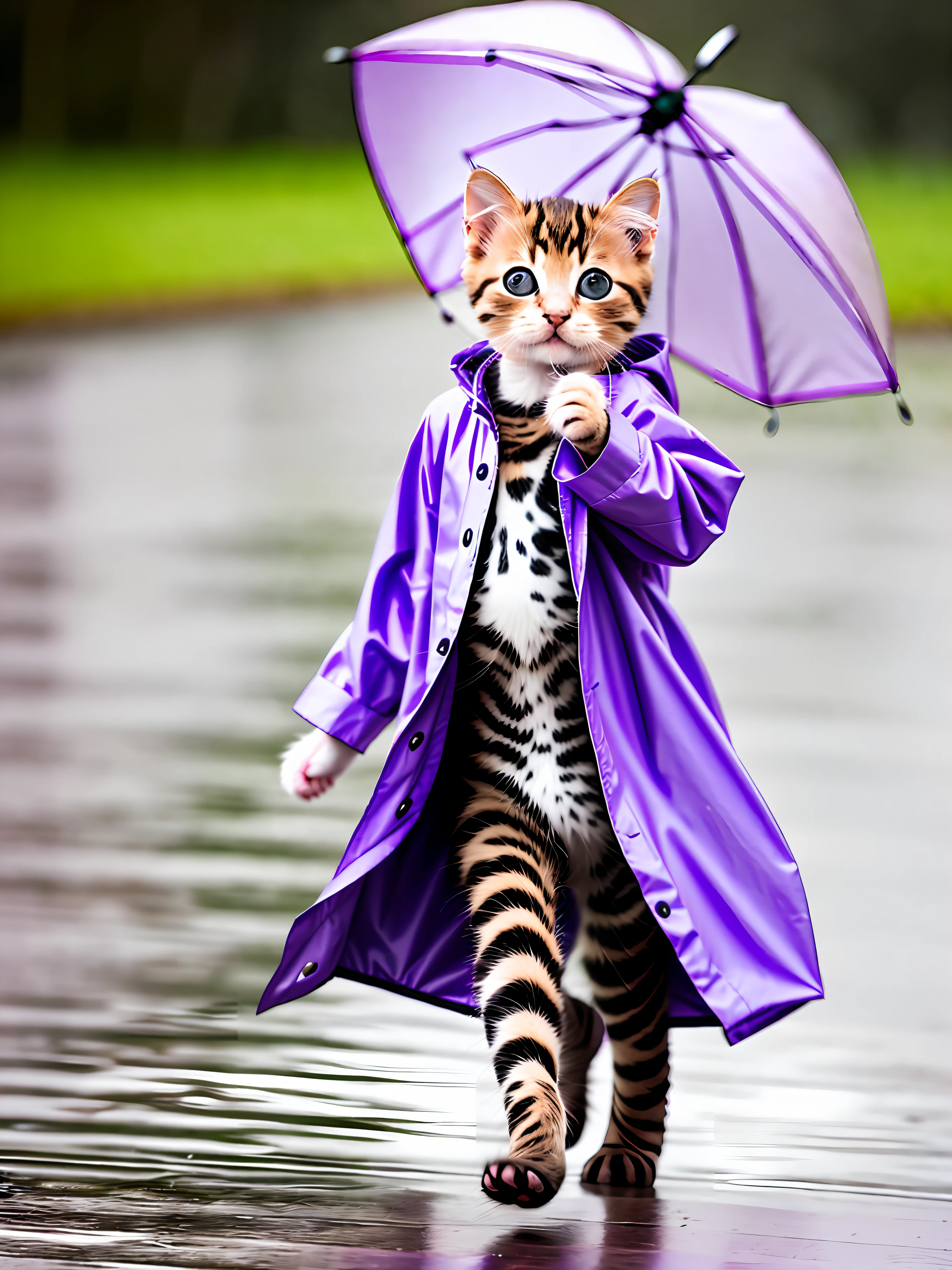 a cute kitten in one (purple raincoat 1.3) dancing, rain, tilt change, macro 200mm
