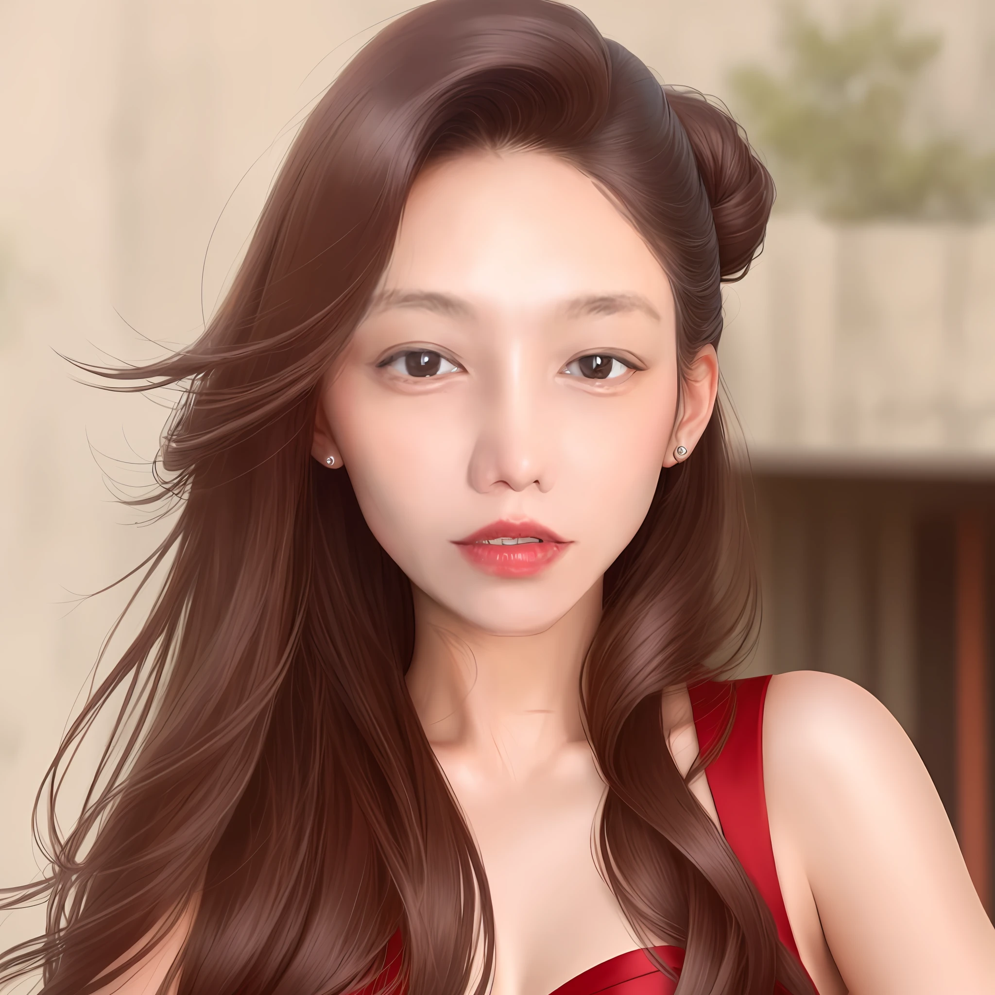 Hairstyle suitable for face shape, looks more glamorous and sexy, small but sexy red lips, sexy dressing, outdoors in the evening