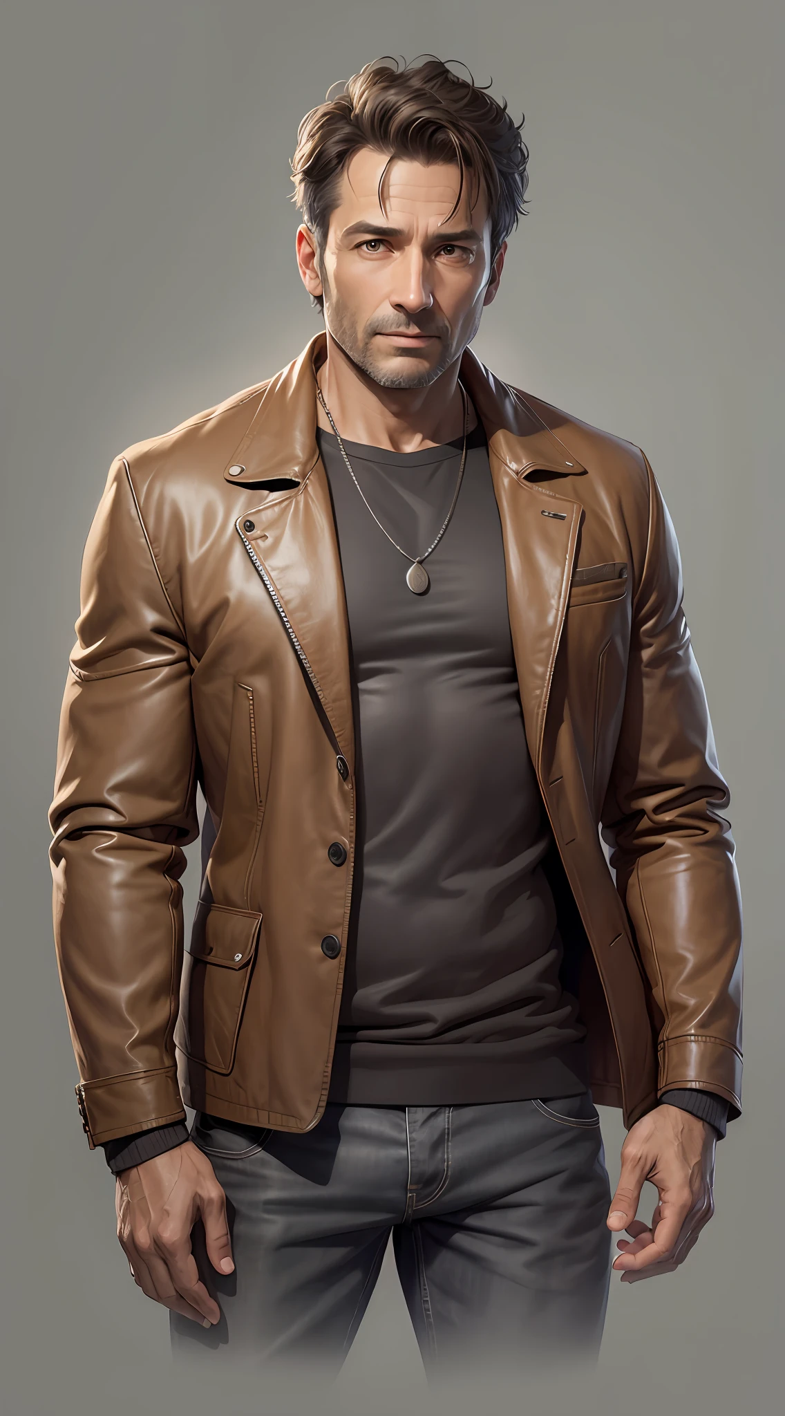 Man, 45 years old, wearing a brown jacket, well detailed, realistic, behind him a black background with gray --auto --s2