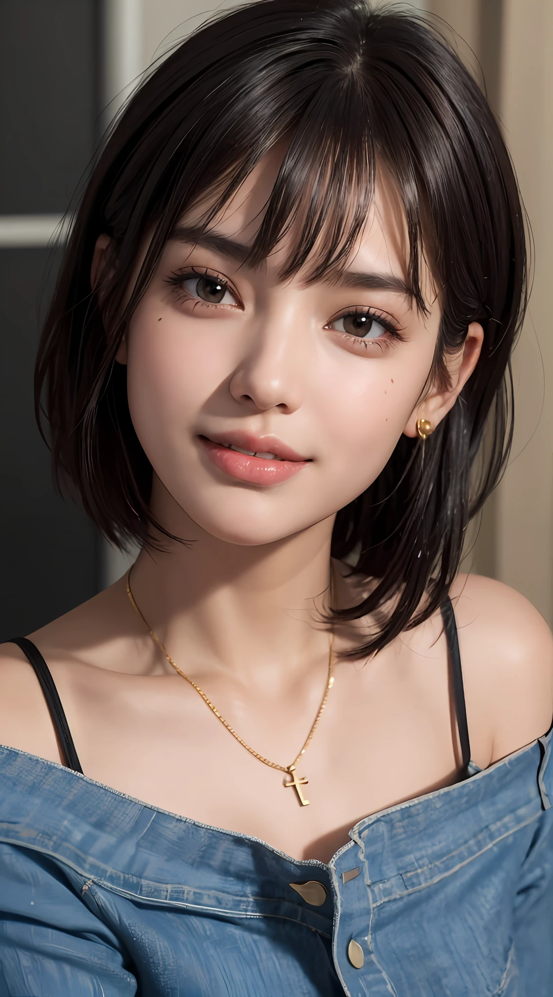 (top quality, 8k, masterpiece: 1.3), pretty woman with perfect figure: 1.4, dark brown hair, big, wearing pendants, torn shorts, sleeping in bedroom, very detailed face and skin, detailed eyes, double eyelids, top quality, masterpiece, (photorealistic: 1.4), one woman, golden ratio, high angle shot, upper eye care, low angle shot, perfect face, beautiful figure, cute face, face close-up, zoom in on face, short bob, short hair, smile from different angles, smile, gloss, highlight, gloss, glossy on skin, glossy on skin, wet skin, wet, bangs, cute smile, bust, off-shoulder, refreshing charm, elegant, perfect hands, smile from angle, smile, shiny, highlight, glossy skin, bangs, bust, big, Warm off-shoulder, refreshing charm, ears out, gaze to the camera, poses at different angles