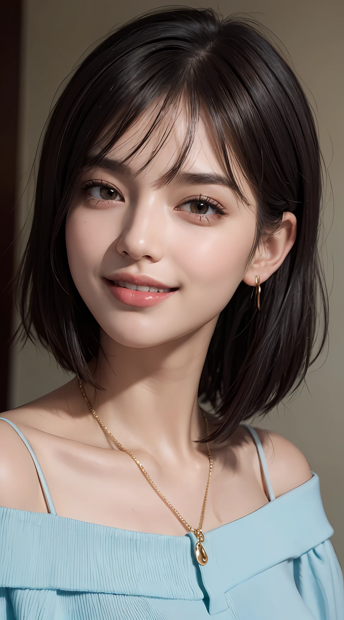 (top quality, 8k, masterpiece: 1.3), pretty woman with perfect figure: 1.4, dark brown hair, big, wearing pendants, torn shorts, sleeping in bedroom, very detailed face and skin, detailed eyes, double eyelids, top quality, masterpiece, (photorealistic: 1.4), one woman, golden ratio, high angle shot, upper eye care, low angle shot, perfect face, beautiful figure, cute face, face close-up, zoom in on face, short bob, short hair, smile from different angles, smile, gloss, highlight, gloss, glossy on skin, glossy on skin, wet skin, wet, bangs, cute smile, bust, off-shoulder, refreshing charm, elegant, perfect hands, smile from angle, smile, shiny, highlight, glossy skin, bangs, bust, big, Warm off-shoulder, refreshing charm, ears out, gaze to the camera, poses at different angles