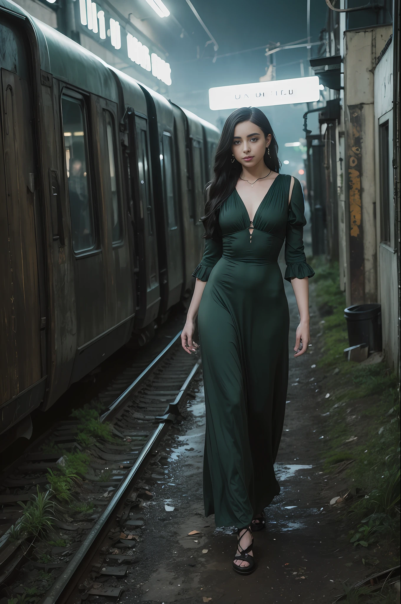 ((artistic photography)) Dark green sensual Victorian dress, abandoned city and next to or train in a setting of ((night photography)) Lauren Jauregui, smiling and happy in a ((urban installation)) full scale. ((colloquial)) I want more of this mysterious and seductive aesthetic!
