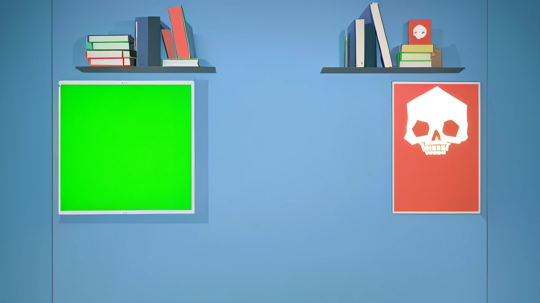 there are two books on the shelves with a skull and a green screen, green screen background, classroom background, library background, office background, personal room background, animation style render, plain studio background, surreal flat colors, virtual set, corporate animation style, photograph of 3d ios room, random background scene, flat background, a computer rendering, corner office background