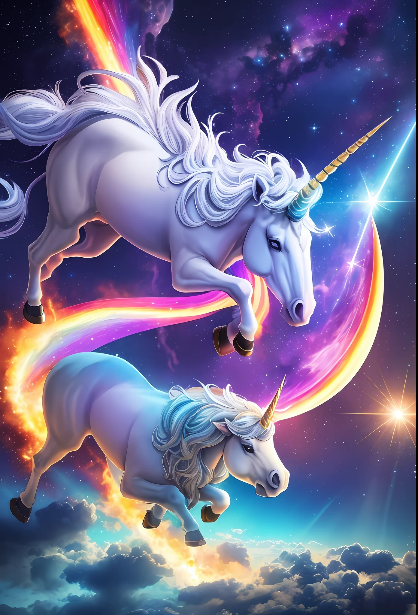 A unicorn releasing cosmic rays from the horn, hitting ethe on top of a spaceship