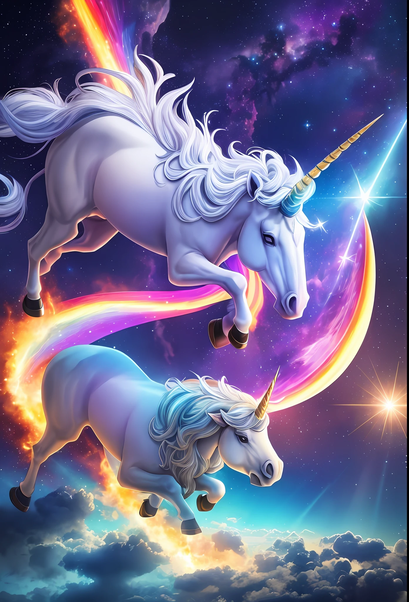 A unicorn releasing cosmic rays from the horn, hitting ethe on top of a spaceship