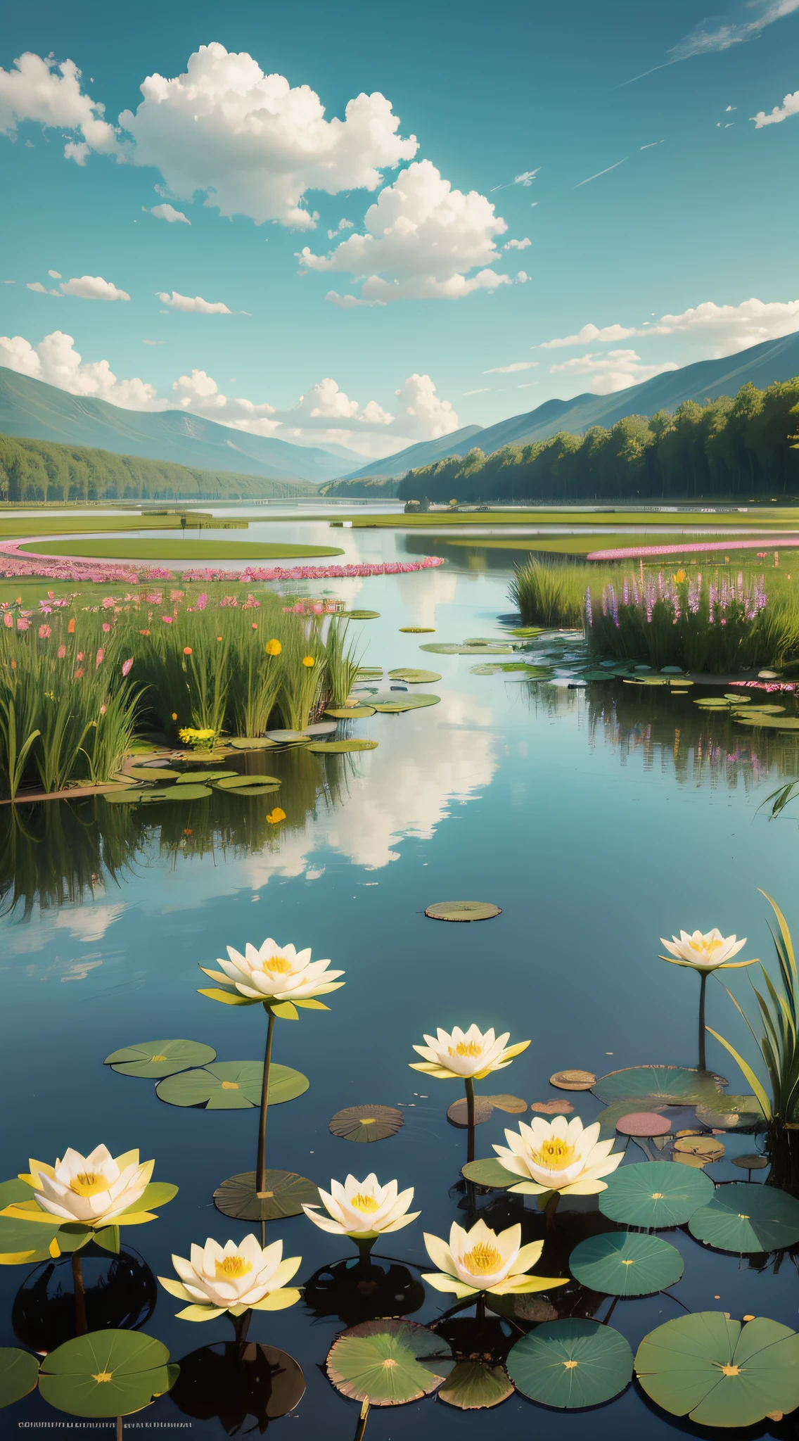 Scenes of summer ponds, lotuses, pastel tones, impressive panorama, Emilio Ponzi style, Mako Dmitlev, Joseph Kotter, captivating emotional imagery, sky blue and green --auto --s2