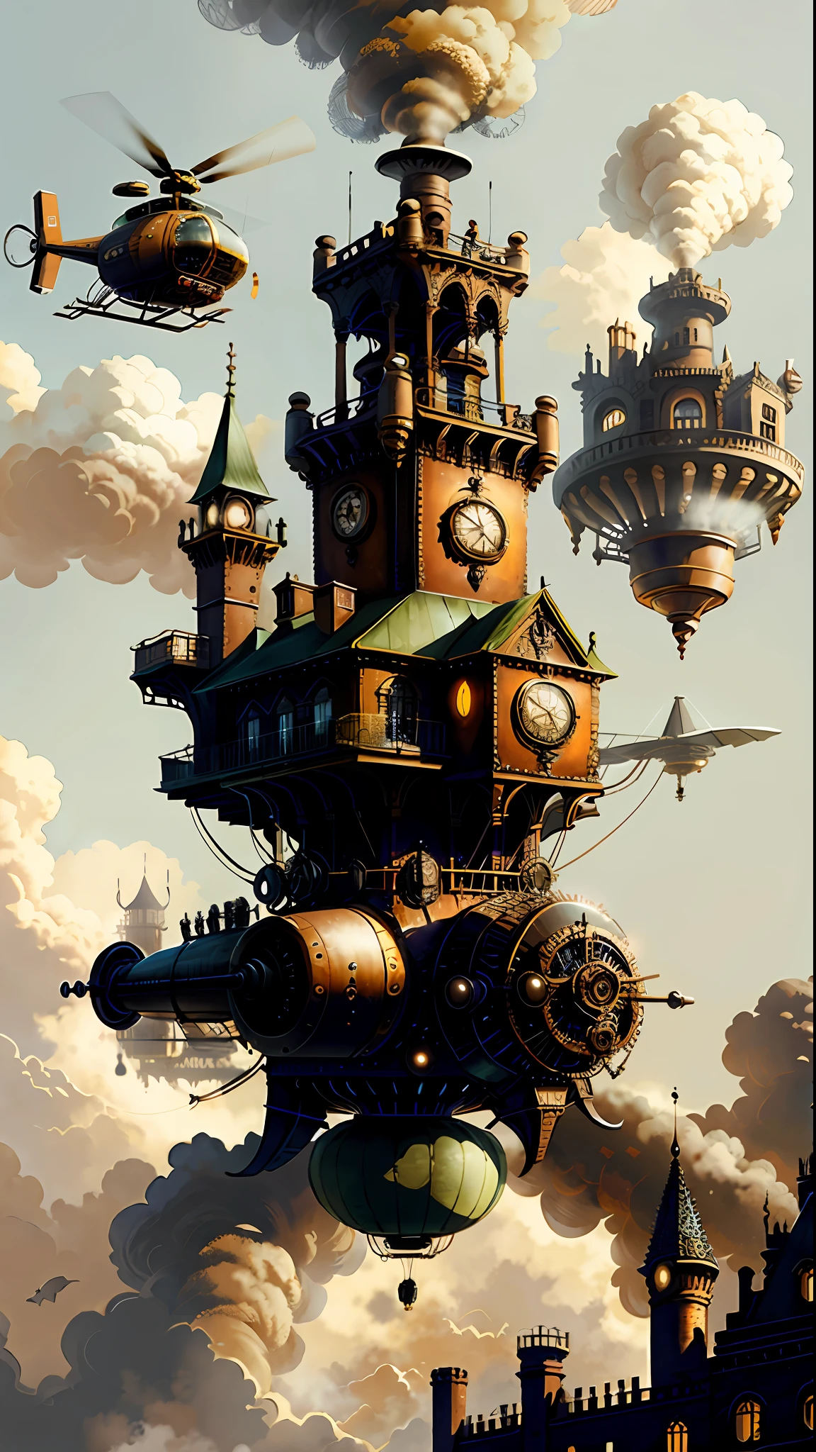 SteamPunkAI, Cogpunk helicopter, city castle, steampunk