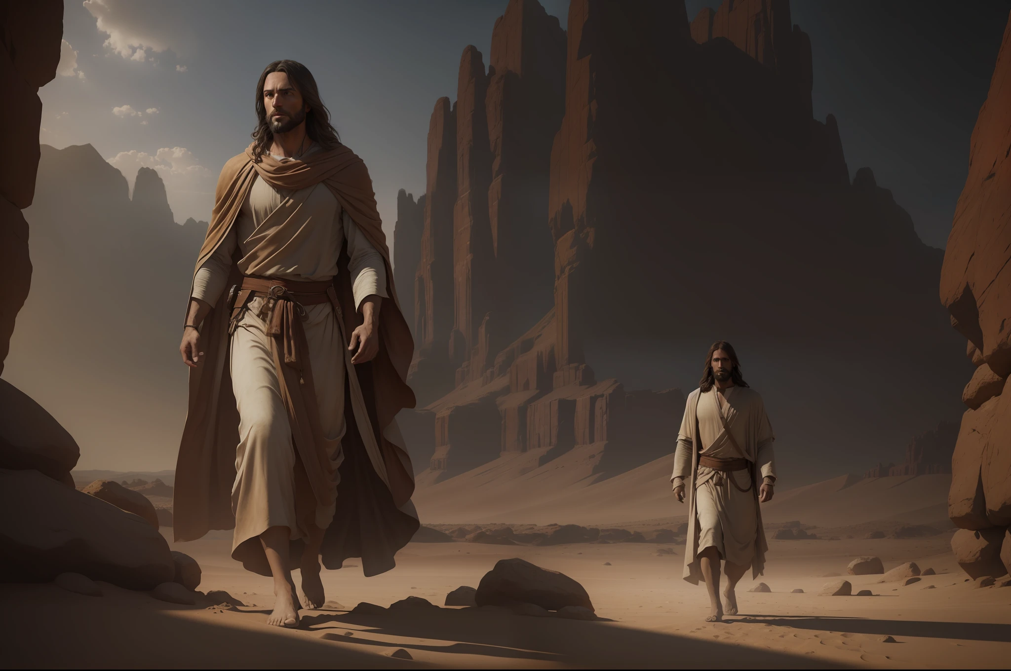 Jesus Christ walking in the desert, Dark photo: realistic epic, Soft cinematic portrait, Adobe Lightroom, Photo Lab, highly detailed, faded, Art by Greg Rutkowski and Artgerm ,Neutral colors: 1,2), (HDR: 1,4) , (soft colors:1.2), Hyperdetailed, (Artstation:1.4), Cinematic, Warm Lights, Dramatic Light, (Intricate Details:1.1), Complex Background, (Rutkowski:0.66), (Blue and Orange:0.4)