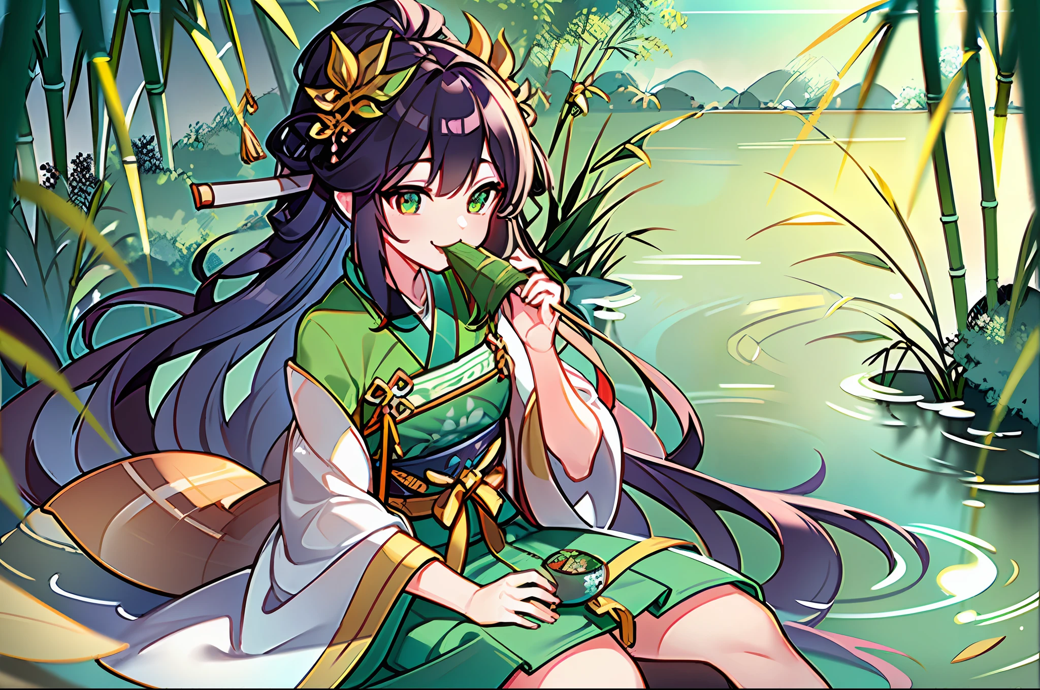 The best picture quality, the best details, masterpiece, happy Dragon Boat Festival, smile, Hanfu beauty, (holding 1 triangular rice ball wrapped in green bamboo leaves in both hands eating: 1.5), sitting on the dragon head canoe, distant shot, outdoors, lake water, sunlight, lake flooding,