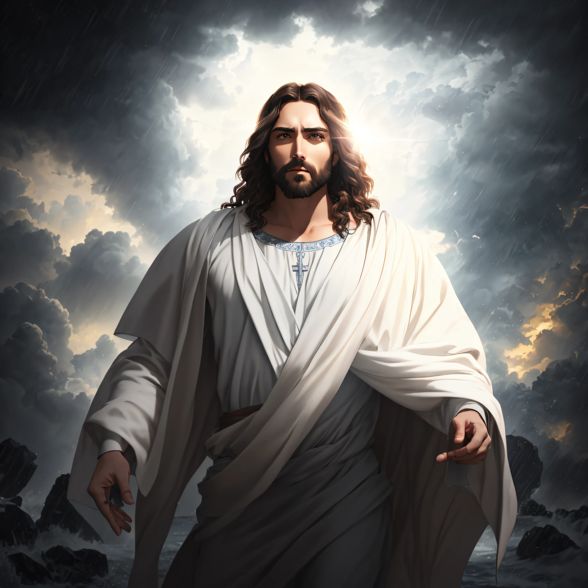 jesus walking on water in a storm, masterpiece, best quality, high quality, extremely detailed CG unit 8k wallpaper, award winning photography, Bokeh, Depth of Field, HDR, bloom, Chromatic aberration, photorealistic, extremely detailed, trending on artstation, trending on CGsociety, intricate, high detail, dramatic, mid-journey art, volumetric lighting