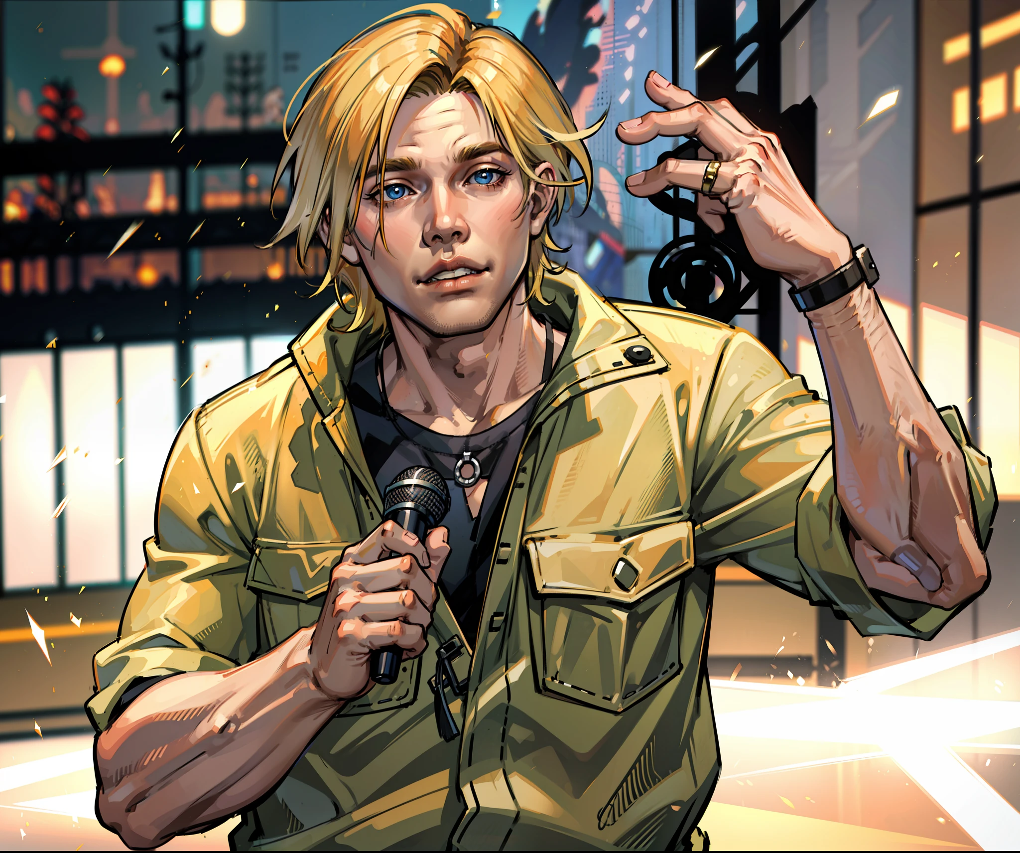 Steve irwin , australian, 1 boy, male focus, blonde hair, looking at viewer, perfect anatomy, perfect hands, tonemapping, holding, holding a microphone speaking to a crowd, detailed face, detailed eyes,