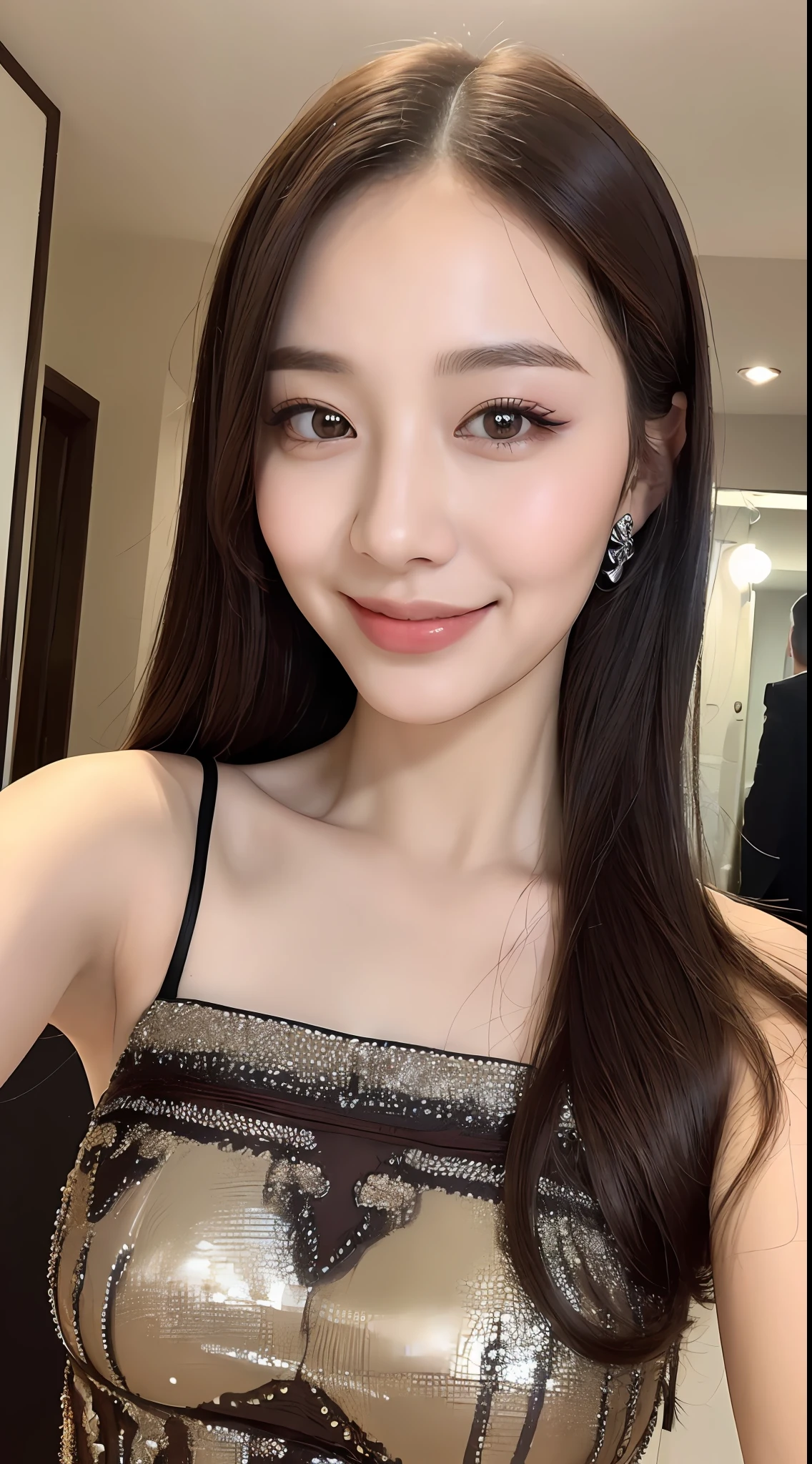 ((Best quality, 8k, Masterpiece :1.3)), 1girl, taking selfie, closeup, smiling, slim face, Pretty woman, (Dark brown hair), full length dress :1.1, Ultra-detailed face, Detailed eyes, Double eyelid,  blur background, slim face