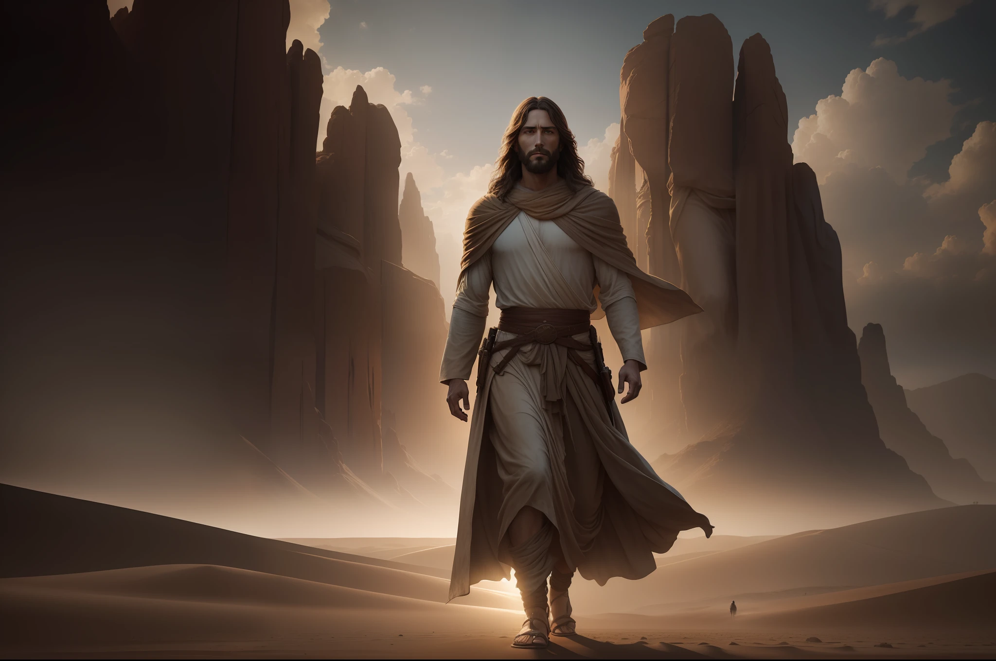 Jesus Christ walking in the desert, Dark photo: realistic epic, Soft cinematic portrait, Adobe Lightroom, Photo Lab, highly detailed, faded, Art by Greg Rutkowski and Artgerm ,Neutral colors: 1,2), (HDR: 1,4) , (soft colors:1.2), Hyperdetailed, (Artstation:1.4), Cinematic, Warm Lights, Dramatic Light, (Intricate Details:1.1), Complex Background, (Rutkowski:0.66), (Blue and Orange:0.4)