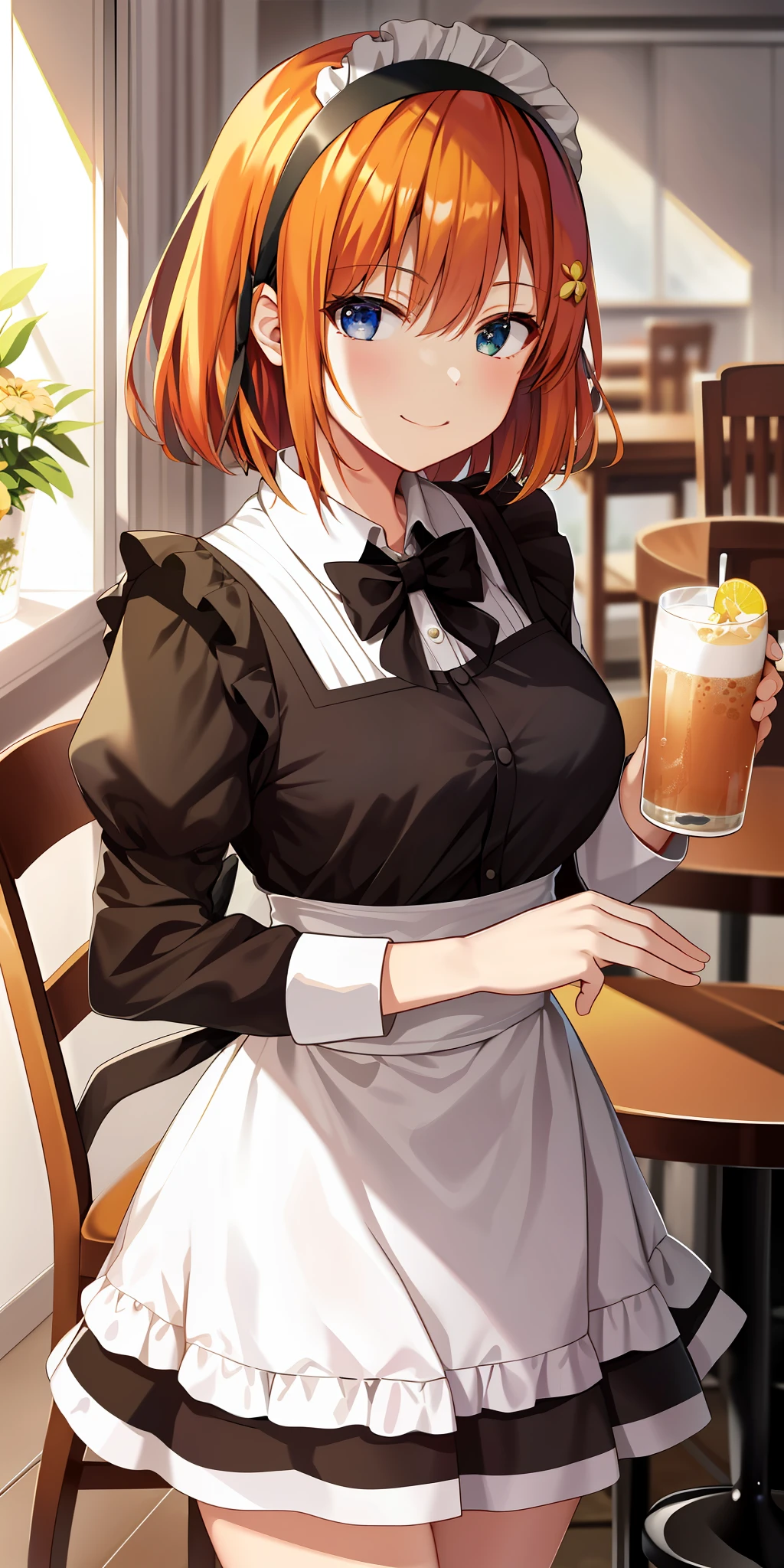 2d, masterpiece, best quality, anime, highly detailed, 1girl, solo, cowboy shot, nakano yotsuba, orange hair, maid dress, maid, meidofuku,  medium breasts, standing, cafe, indoor, smile, sexy pose, table, chair, food, drink, yotsuba hairband, green hairband,  black and white maid dress,