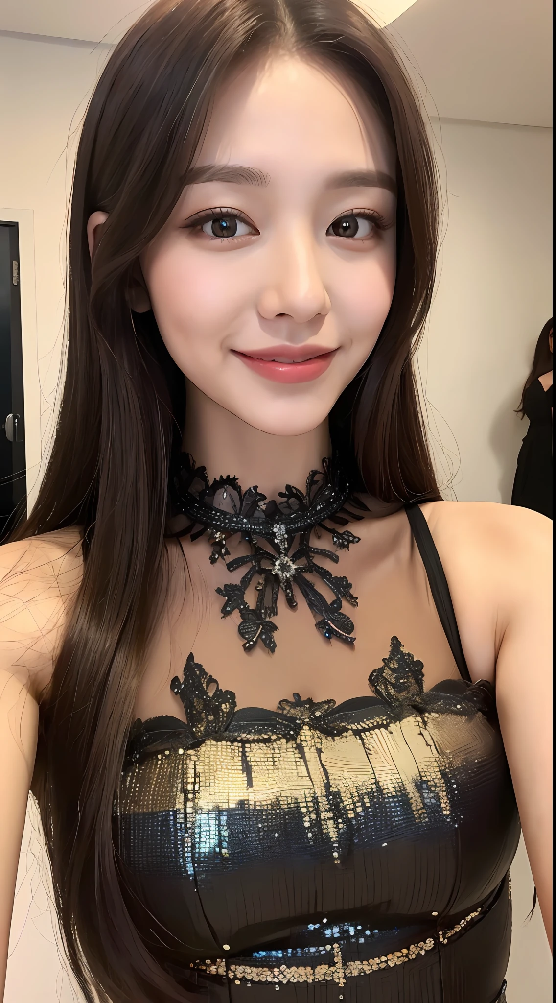 ((Best quality, 8k, Masterpiece :1.3)), 1girl, taking selfie, closeup, smiling, slim face, Pretty woman, (Dark brown hair), full length dress :1.1, Ultra-detailed face, Detailed eyes, Double eyelid,  blur background, slim face