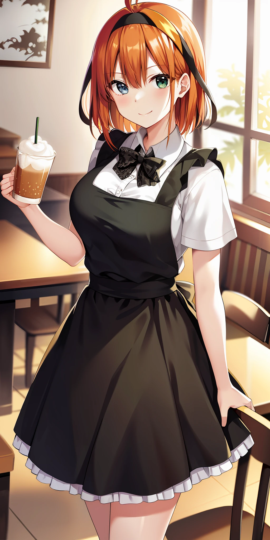 2d, masterpiece, best quality, anime, highly detailed, 1girl, solo, cowboy shot, nakano yotsuba, orange hair, maid dress, maid, meidofuku, medium breasts, standing, cafe, indoor, smile, sexy pose, table, chair, food, drink, yotsuba hairband, green hairband, black and white maid dress,