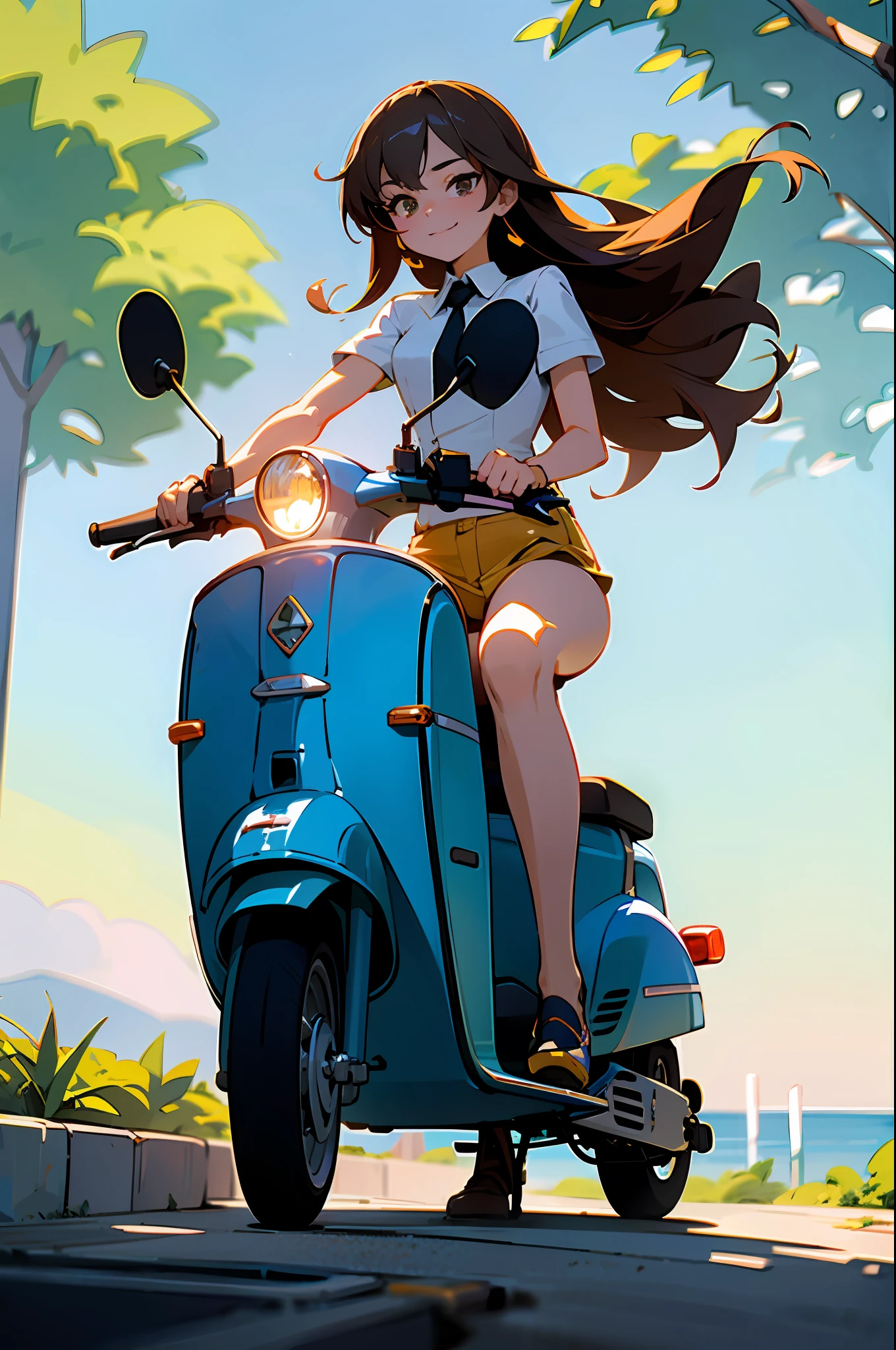 (masterpiece, top quality: 1.2), super detailed, cinematic lighting, HDR, beautiful girl straddling a scooter, looking at camera with one foot on the road surface, vespa, brown long hair, from the front, sun, clouds, sunlight through trees, contrails, rays, sea, slim body, hot pants, white blouse, beautiful smile, beautiful girl with whole body, clean detailed face, complex clothes, shining shadows, Beautiful gradient, depth of field, pretty image, high quality, high resolution, high resolution, cute face, slim body, nice hips, southern European town,