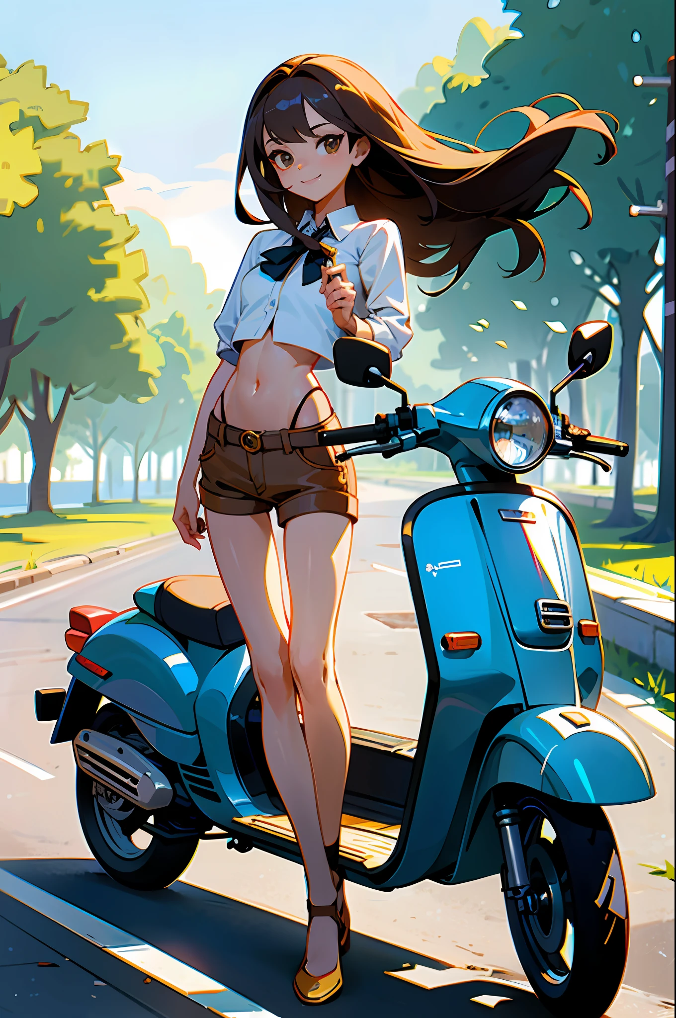 (masterpiece, top quality: 1.2), super detailed, cinematic lighting, HDR, beautiful girl straddling a scooter, looking at camera with one foot on the road surface, vespa, brown long hair, from the front, sun, clouds, sunlight through trees, contrails, rays, sea, slim body, hot pants, white blouse, beautiful smile, beautiful girl with whole body, clean detailed face, complex clothes, shining shadows, Beautiful gradient, depth of field, pretty image, high quality, high resolution, high resolution, cute face, slim body, nice hips, southern European town,