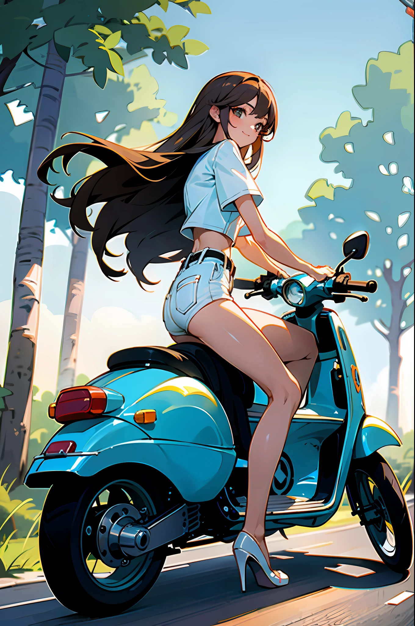 (masterpiece, top quality: 1.2), super detailed, cinematic lighting, HDR, beautiful girl straddling a scooter, looking at camera with one foot on the road surface, vespa, brown long hair, from the front, sun, clouds, sunlight through trees, contrails, rays, sea, slim body, hot pants, white blouse, beautiful smile, beautiful girl with whole body, clean detailed face, complex clothes, shining shadows, Beautiful gradient, depth of field, pretty image, high quality, high resolution, high resolution, cute face, slim body, nice hips, southern European town,