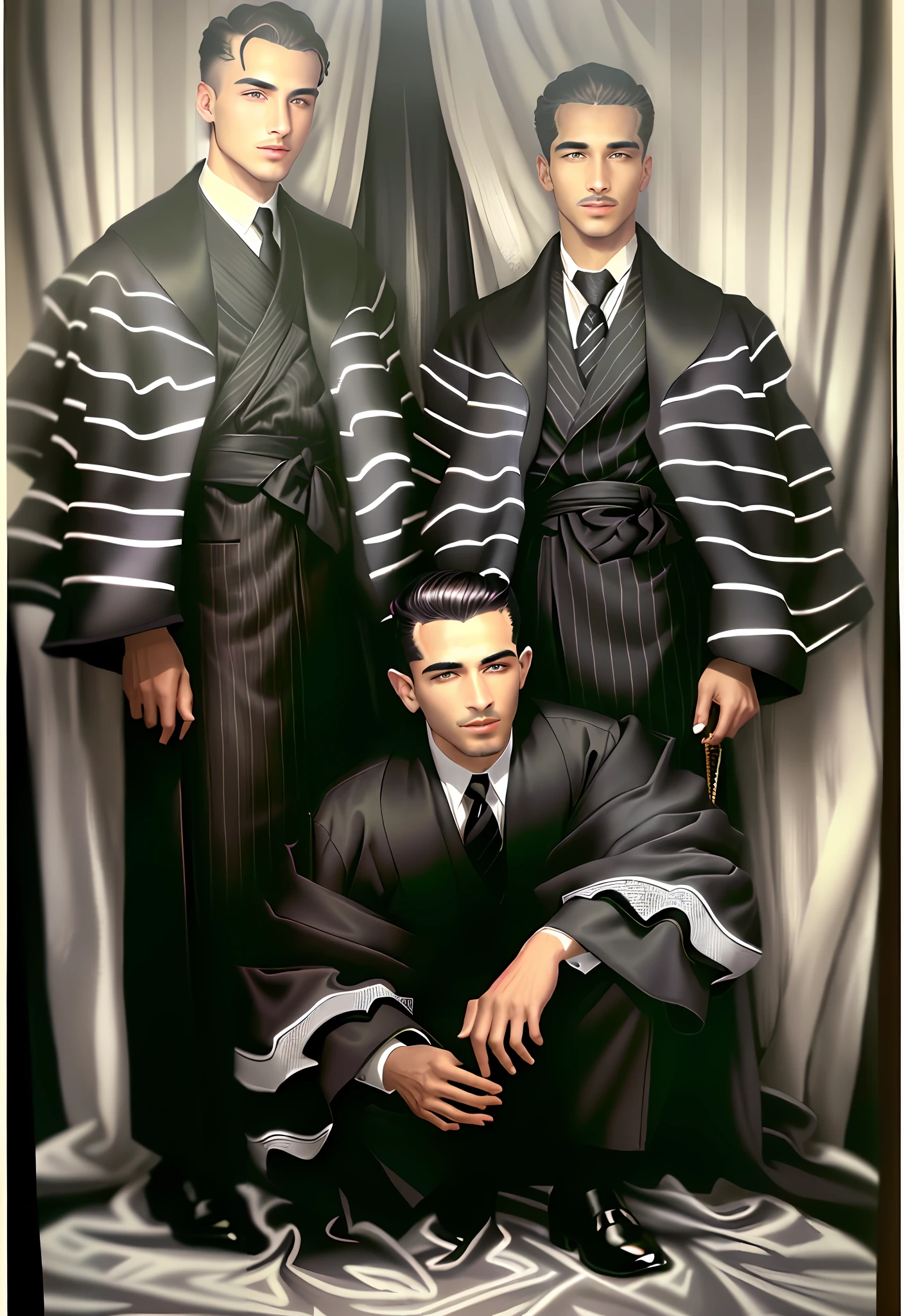 arafed photo of three men in black and white striped robes, unknown location, in robes, covered in robes, in dazzle camouflaged robes, old picture, wearing robes, wearing robes and neckties, 1 9 4 0's, old color photograph, brown robes, clad in robes, rare photograph, old color photo, black robes, september 1937