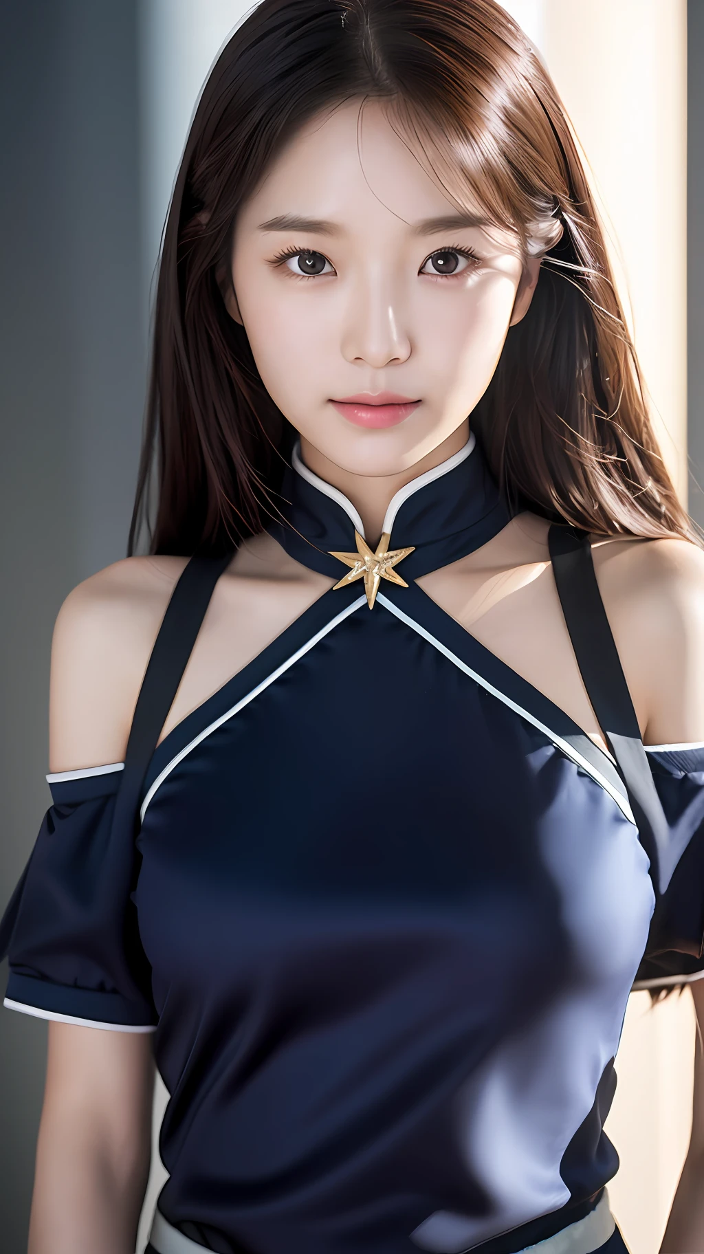 realistic photos of (1 cute Korean star) Shoulder-length hair, thin makeup, medium breasts size, slightly smile, random uniform, random backdrop, afterimage, vanishing point, satellite image, Canon, 135mm, chiaroscuro, UHD, award winning, 16k