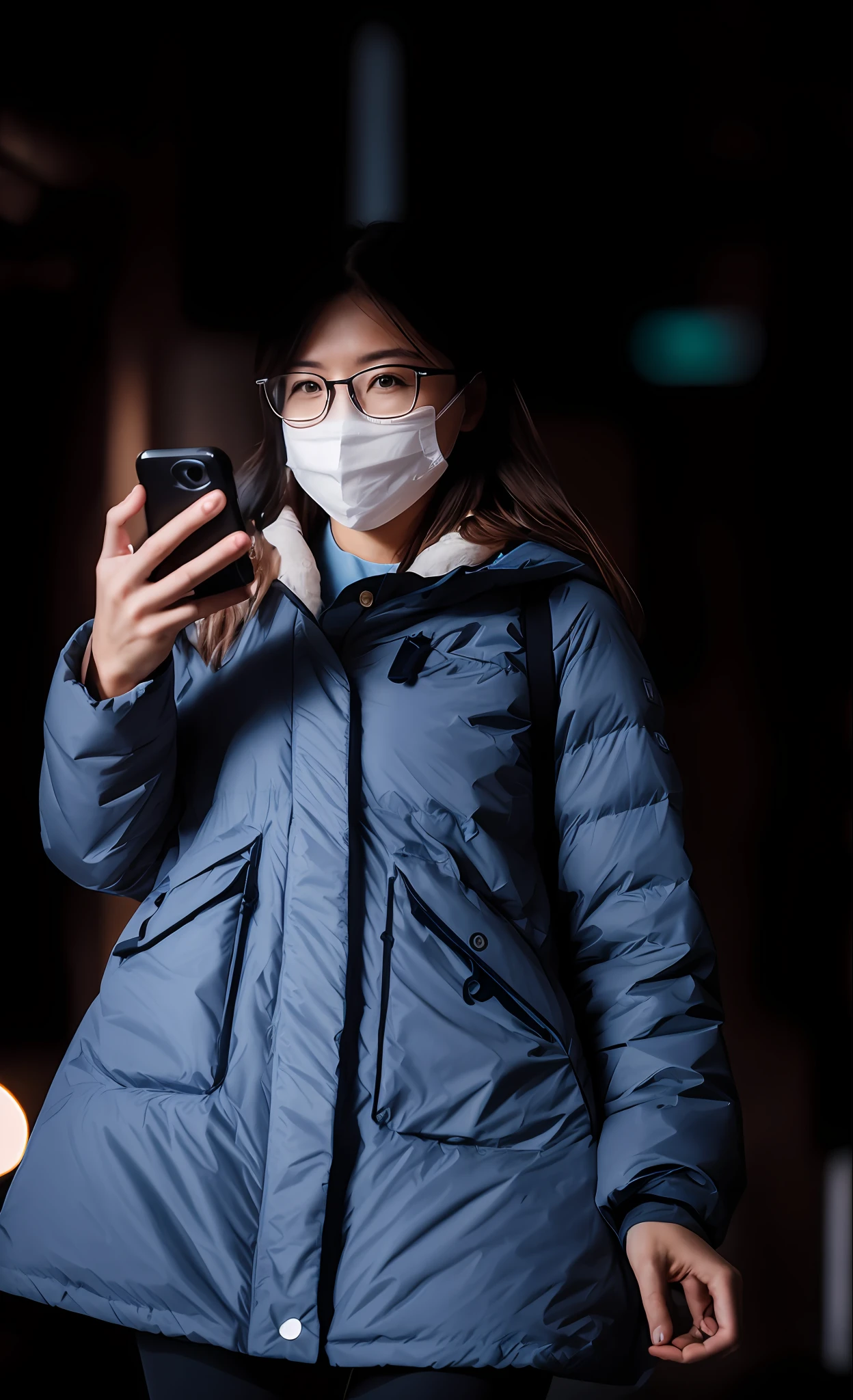 Woman wearing glasses and mask looking at a phone, (high detail:1 1), rough face, natural skin, high quality, nsfw, beautiful eyes, (detailed face and eyes), (face: 1 2), noise, extra, real photo, PSD, lamp film photography, clear focus, contrast lighting, detailed skin, high resolution 8k, crazy detail, realistic, professional photography, 8k UHD, SLR camera, soft light, high quality, film grain, Fujifilm XT3