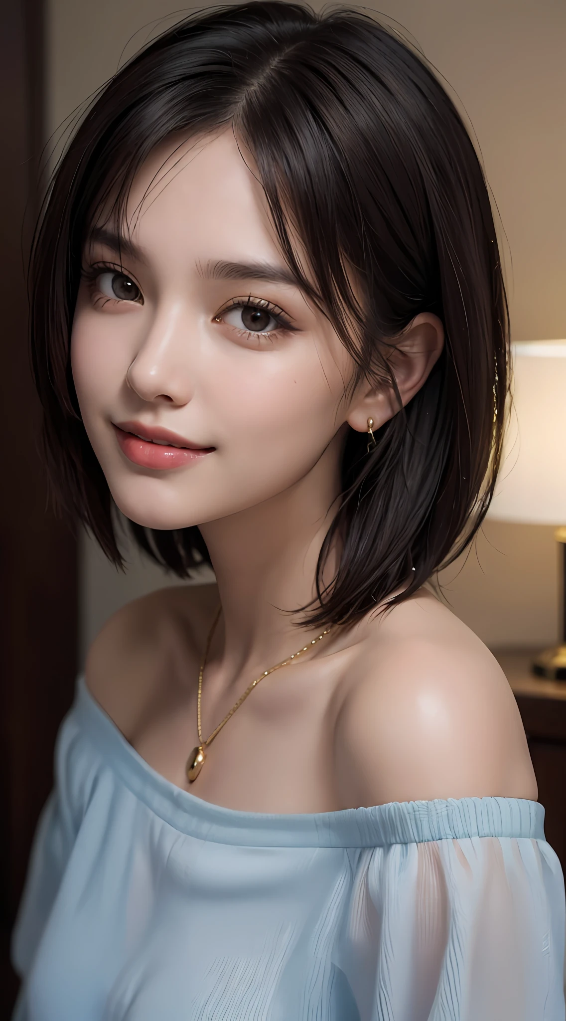 (top quality, 8k, masterpiece: 1.3), pretty woman with perfect figure: 1.4, dark brown hair, big, wearing pendants, torn shorts, sleeping in bedroom, very detailed face and skin, detailed eyes, double eyelids, top quality, masterpiece, (photorealistic: 1.4), one woman, golden ratio, high angle shot, upper eye care, low angle shot, perfect face, beautiful figure, cute face, face close-up, zoom in on face, short bob, short hair, smile from different angles, smile, gloss, highlight, gloss, glossy on skin, glossy on skin, wet skin, wet, bangs, cute smile, bust, off-shoulder, refreshing charm, elegant, perfect hands, smile from angle, smile, shiny, highlight, glossy skin, bangs, bust, big, Warm off-shoulder, refreshing charm, ears out, gaze to the camera, poses at different angles
