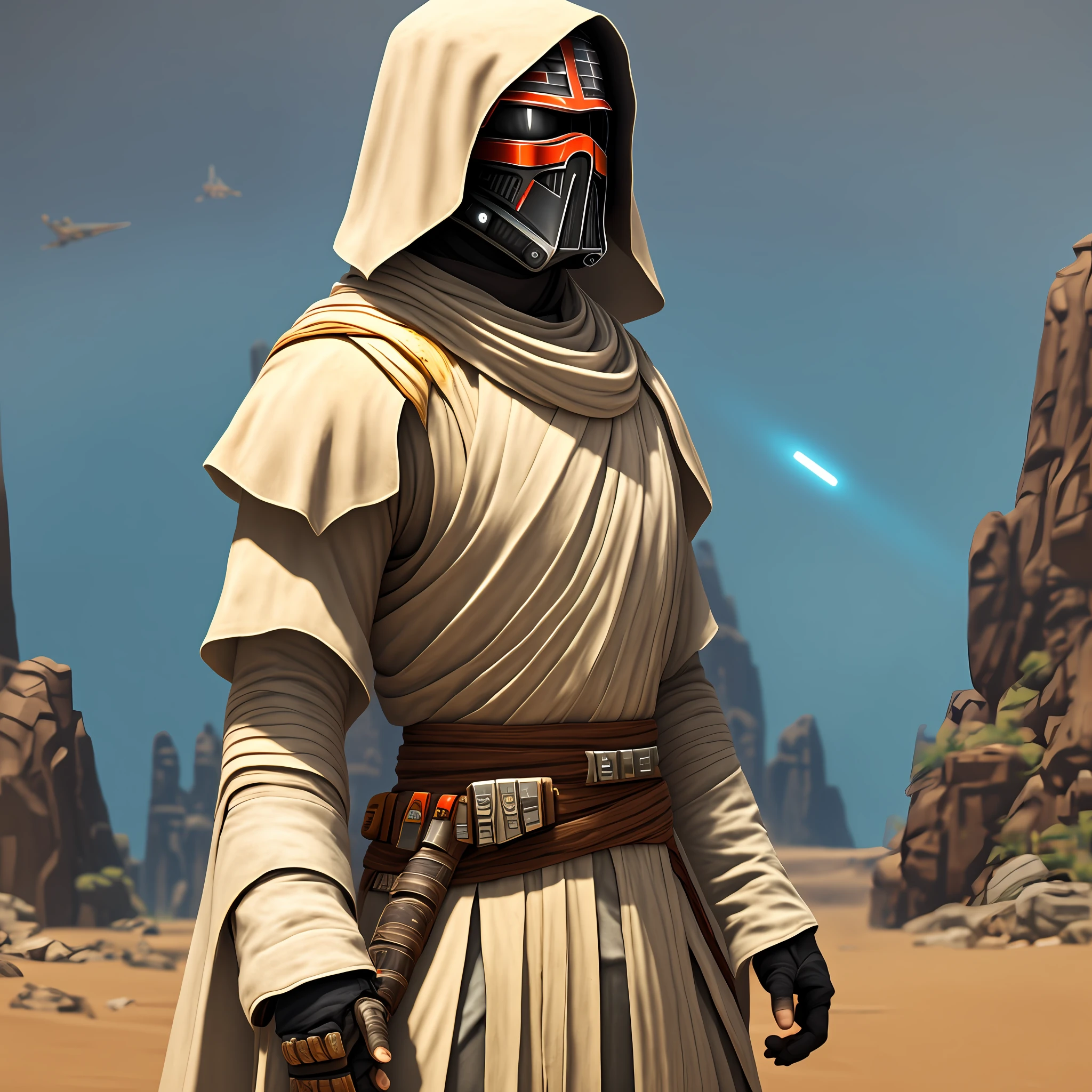Jedi Temple Guard 1 man, Revan Raiment, white dresses long supple, star wars, standing, mask, combat position, detailed background, double bladed lightsaber dark yellow, desert, sand, rocks, watching the viewer, (mouth closed: 1.0), NSFW, official art, extremely detailed wallpaper CG unity 16k, perfect lighting, colorful, Bright_Front_face_Lighting, (masterpiece:1.0),(best_quality:1.0),  ultra high resolution,16K,ultra-detailed, photography, 16K, HDR, high resolution, absurd:1.2, Kodak portra 400, film grain, blurred background, bokeh:1.2, lens flare, (vibrant_color:1.2)