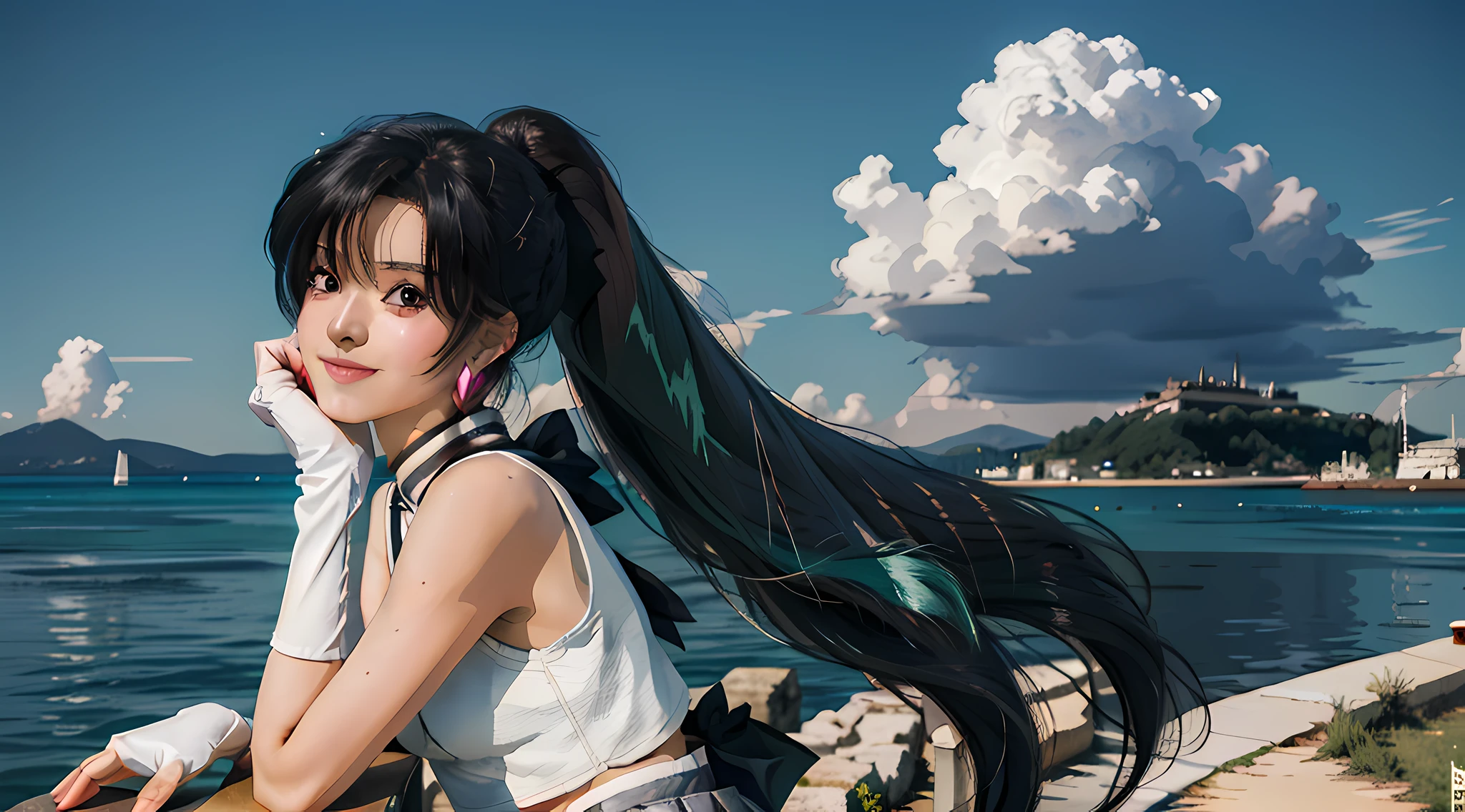 Masterpiece, Best Quality, High Resolution, 1girl, Solo, Sailor Pluto, (Hair Fluffy), (Hair Flowing), (Single Ponytail)), Elbow Gloves, Tiara, Pleated Skirt, Bow, (Black Sailor Collar), White Gloves, Jewelry, Earrings, Smile, Background Meadow, Blue Sky and White Clouds, Headgear, Pose