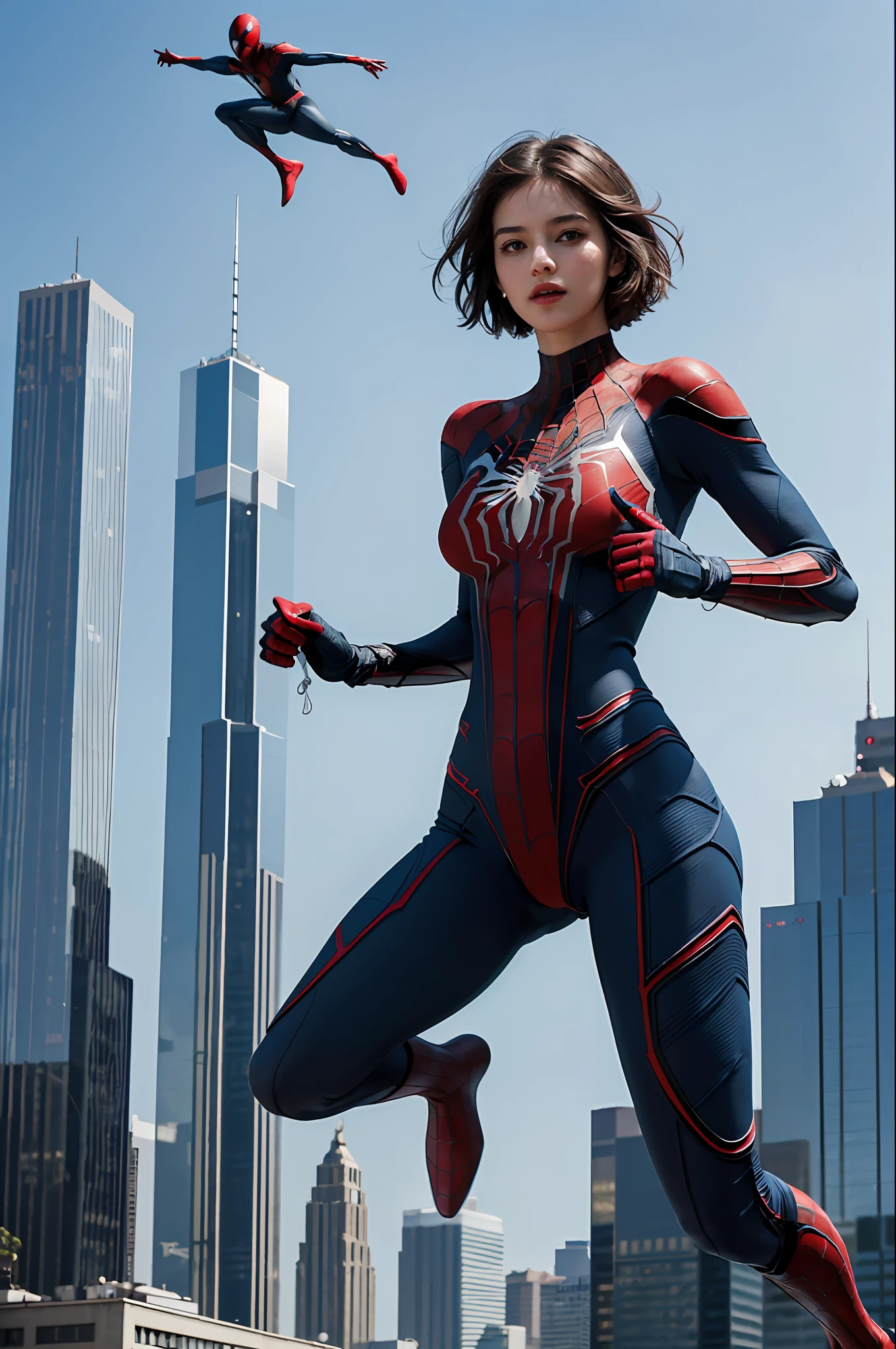 Top quality, delicate face, (((full body)), 20-year-old woman, ((beautiful face)), slim body, (between skyscrapers), full body special equipment, spider-man suit, (jumps high), short hair, weightless posture, air, large breasts, sci-fi, ((suspended in the air))