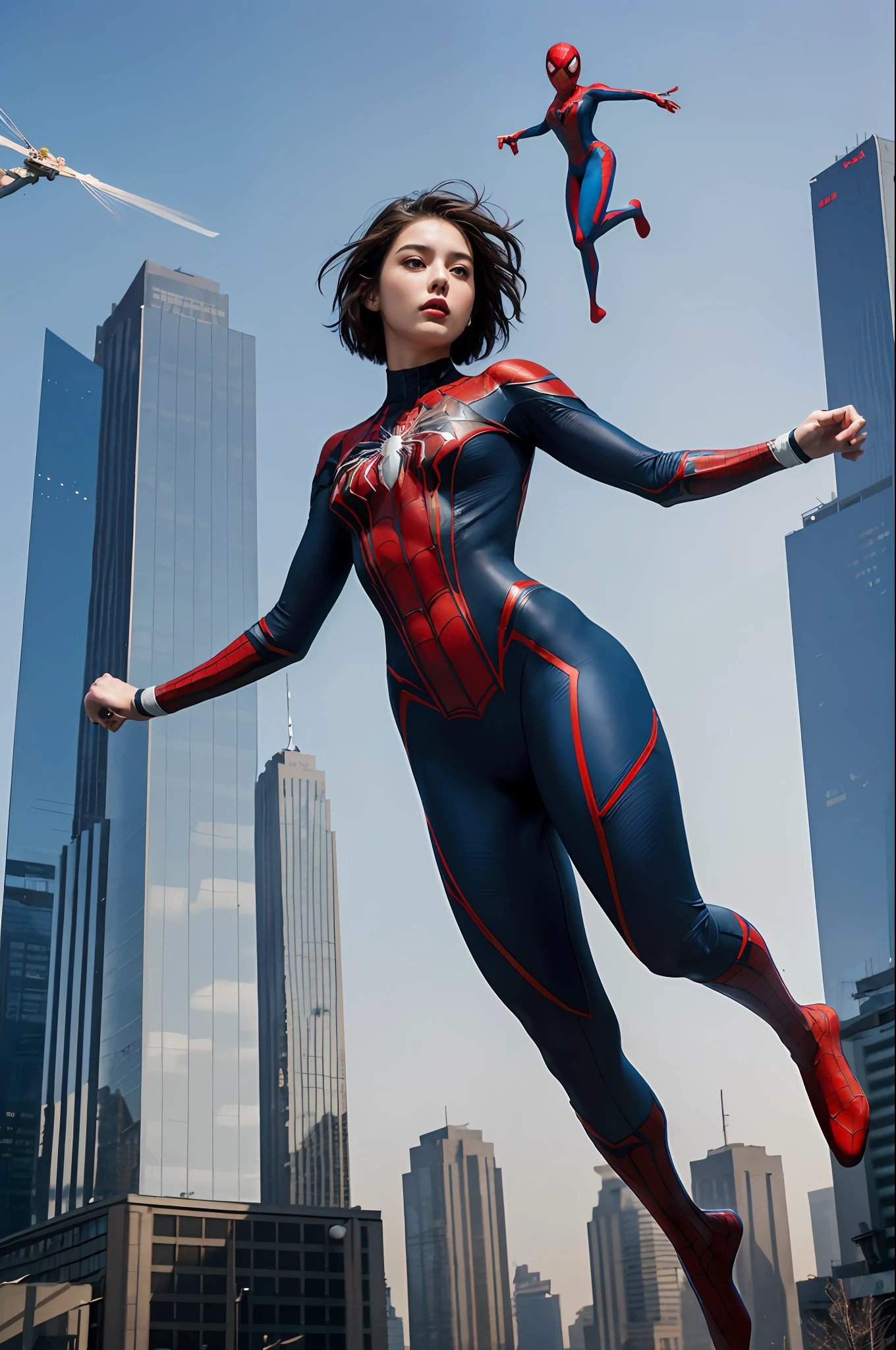 Top quality, delicate face, (((full body)), 20-year-old woman, ((beautiful face)), slim body, (between skyscrapers), full body special equipment, spider-man suit, (jumps high), short hair, weightless posture, air, large breasts, sci-fi, ((suspended in the air))