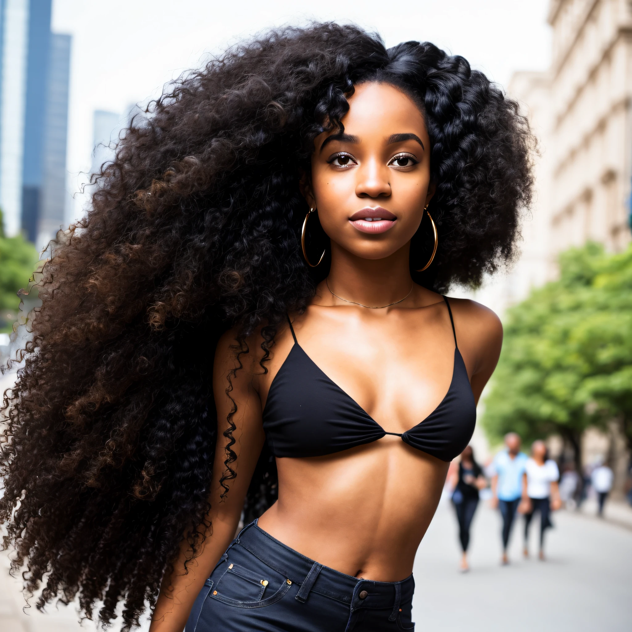 black curly hair, light-skinned young African woman, full body, realistic, masterpiece, in the middle of the city