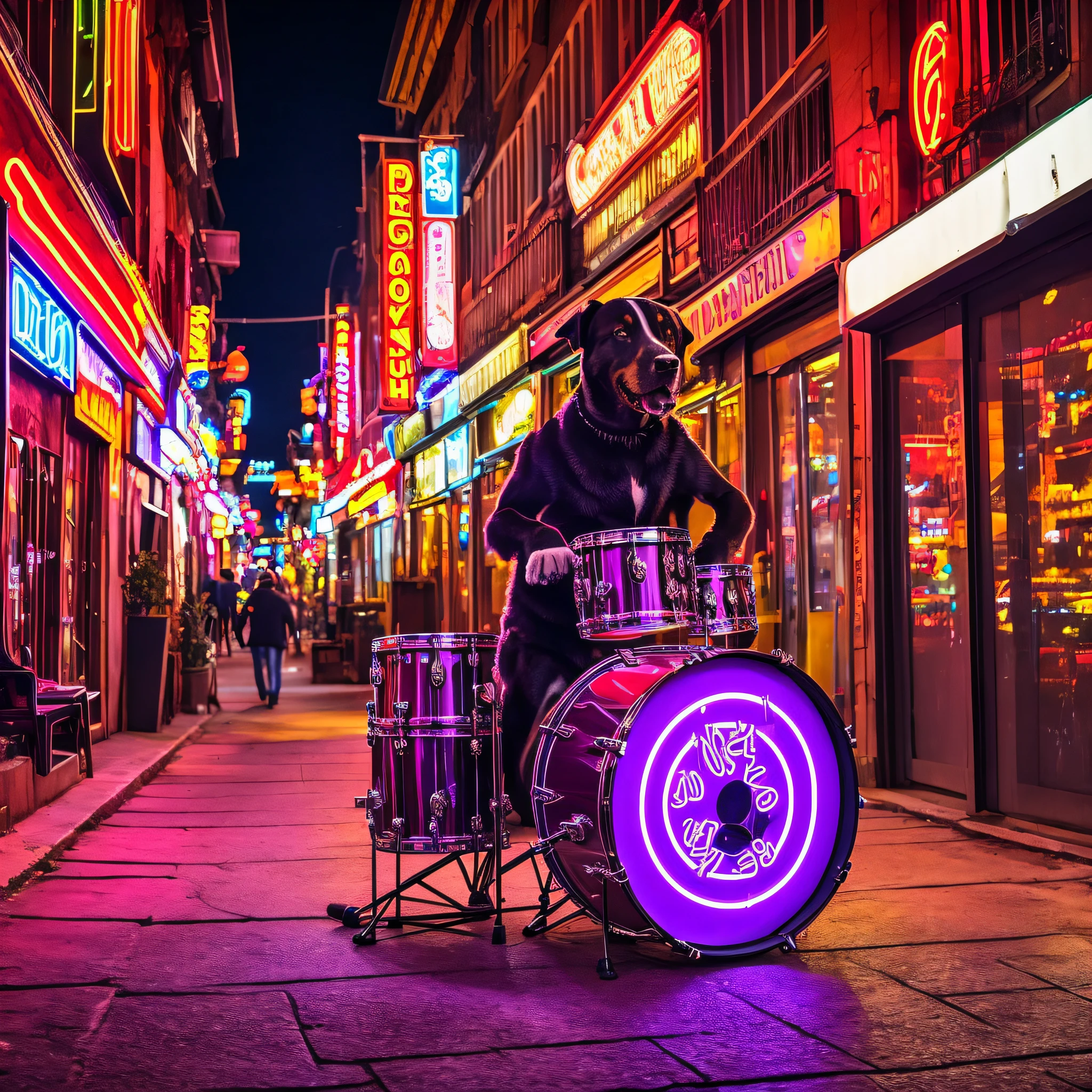 a dog playing drums in a city at night, high resolution, neon lights, realistic style --auto --s2