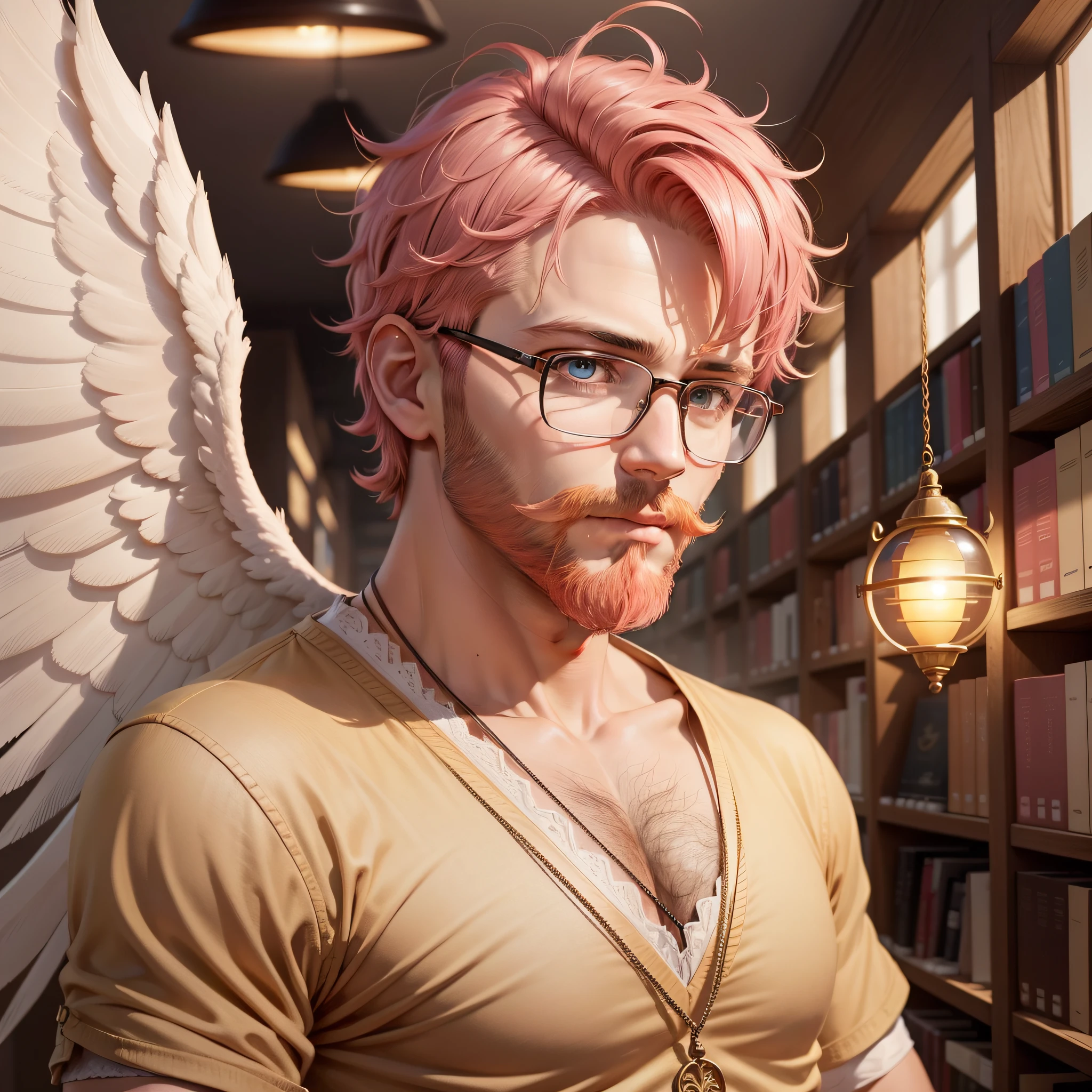 A man, short pink hair, short beard, has orange eyes, wears glasses, is in a library, has a golden bright angel halo, is in social clothing in earthy tones, realistic drawing style, face focus