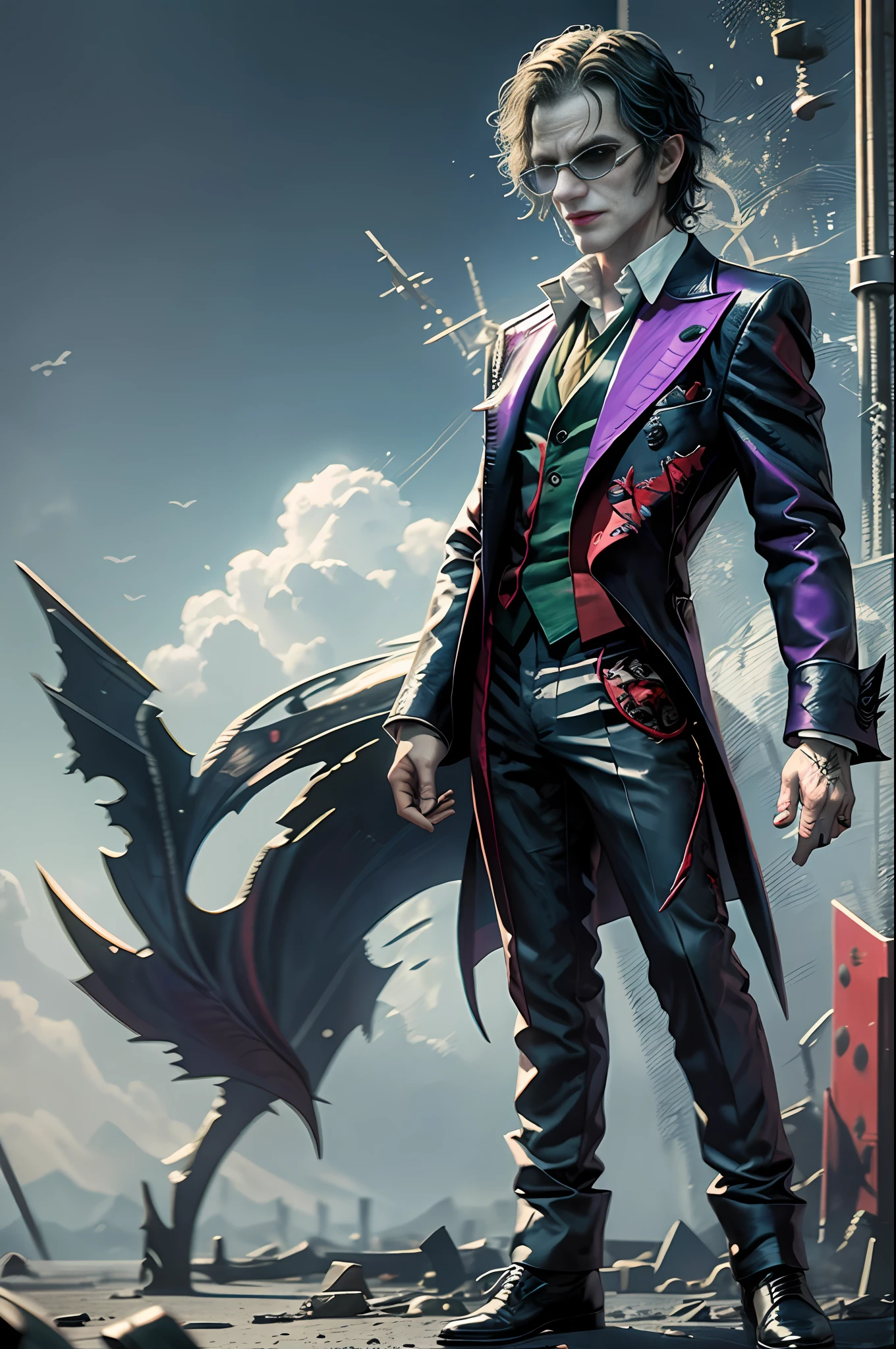 masterpiece, best quality, realistic, full body shot of Joker,glasses DC cinematic universe, detailed face, 8k, uhd, sharp focus