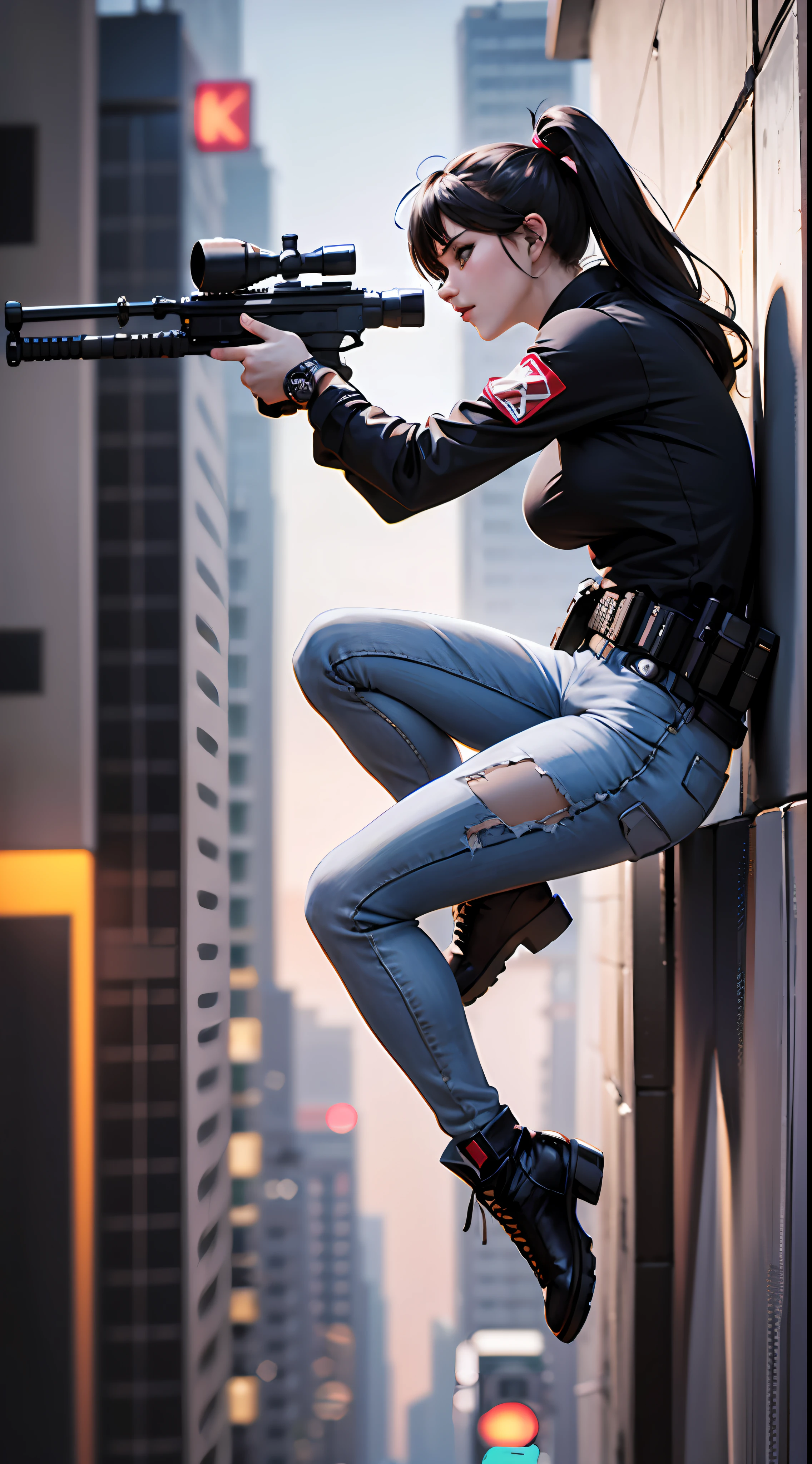 masterpiece, best_quality, 1girl, solo, aiming with sniper from the top of a building, gun with texture in high quality and detailed, long black t-shirt, long black jeans, military black boots, detailed perfect face, 4k, HDR, Full HD, HDR, cyberpunk dity at night, neon lights