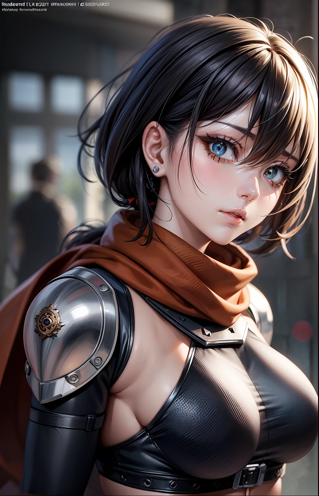 ((Waist half body)) Beauty anime girl /// (Character) wearing detailed combat body suit ((wheezy & rusty)) with scarf, upperbody shots, detailed skin, face sharp focus, detailed eyes and pupils, detailed hair, intricate details and sharp, masterpiece, global illumination, real shadow, bokeh, best quality, photorealistic, realistic, 8k