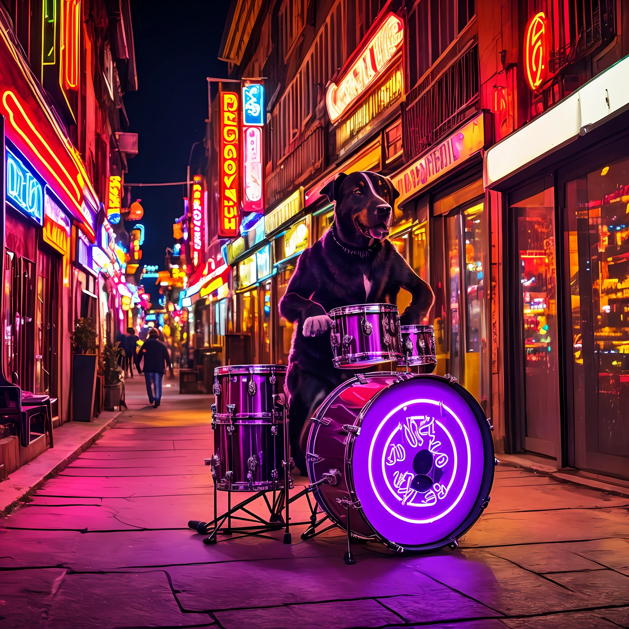 a dog playing drums in a city at night, high resolution, neon lights, realistic style --auto --s2