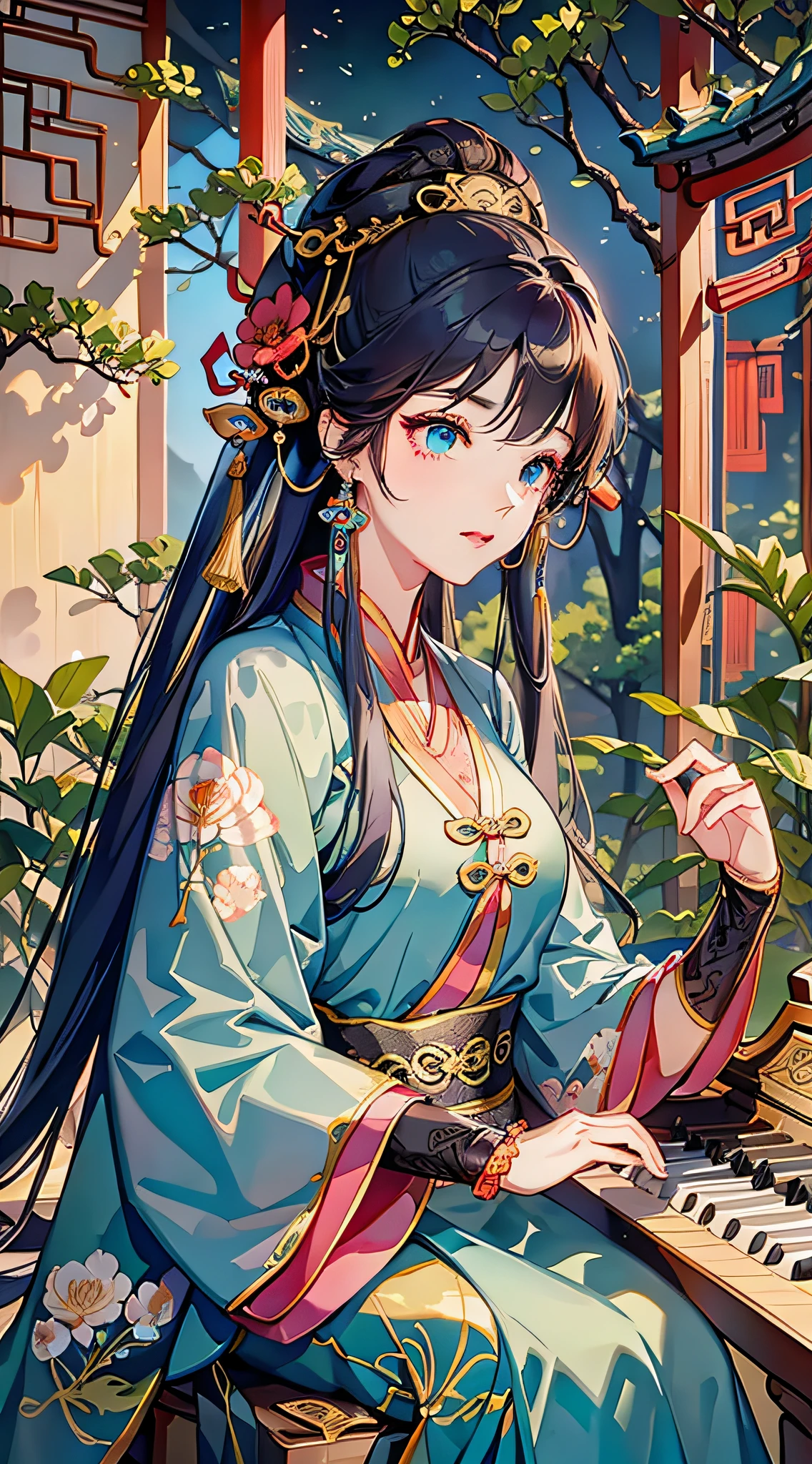 Chinese ancient style woman, wearing cyan Hanfu, playing the piano, the background is a Chinese courtyard, surrounded by flowers and trees, Chinese national style style, high definition, wallpaper level, 8K picture quality