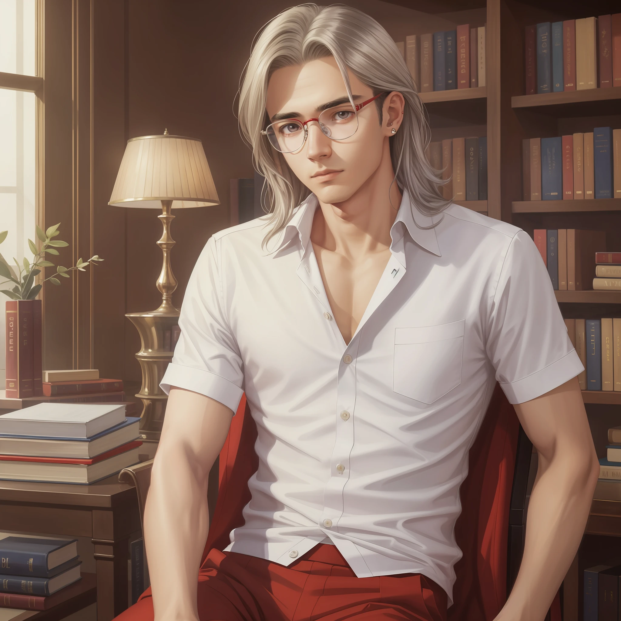Ultra realistic, formal painting, 4K, young 16 year old, handsome with somewhat large silver hair. He has a lean body with piercing brown eyes. Sitting in a study room, surrounded by books. Round glasses. Completely red suit. --auto --s2