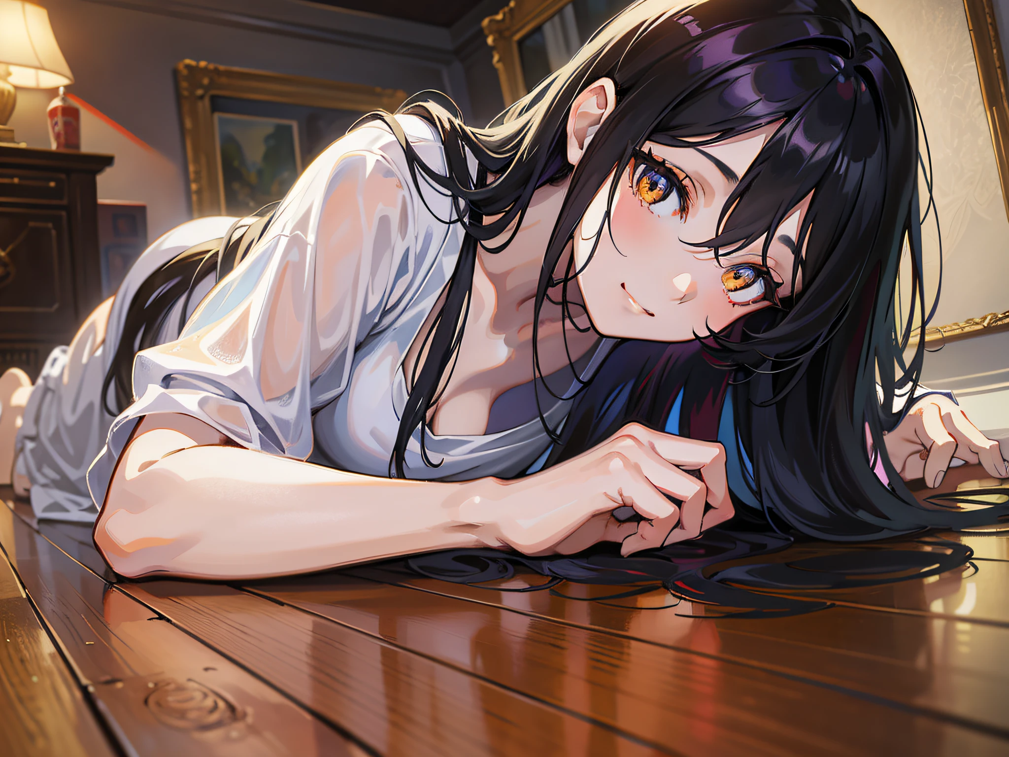 floor level, below face, masterpiece, light smile, a anime woman lying on the floor looking at the camera, black long hair, amber eyes color, perfect face and eyes, chest squeezing the floor wood, can seen butt and feet back head, casual clothes, natural light, chiaroscuro, in bedroom