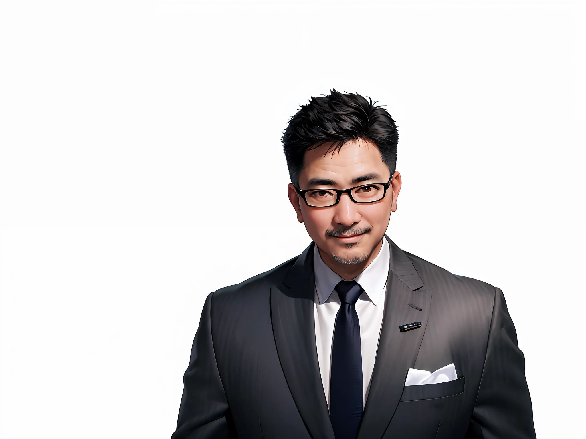 Tips: Middle-aged male portrait, extremely detailed face, black hair, (short hair) middle-aged handsome, Taiwanese man, silver glasses, slightly chubby face, black super short hair, black eyes, black suit, confident smile, digital painting, movies, character design of Mark Laydon and Pixar and Hayao Miyazaki, the illustration is a 4K resolution HD illustration with very detailed facial features and cartoon style visuals.