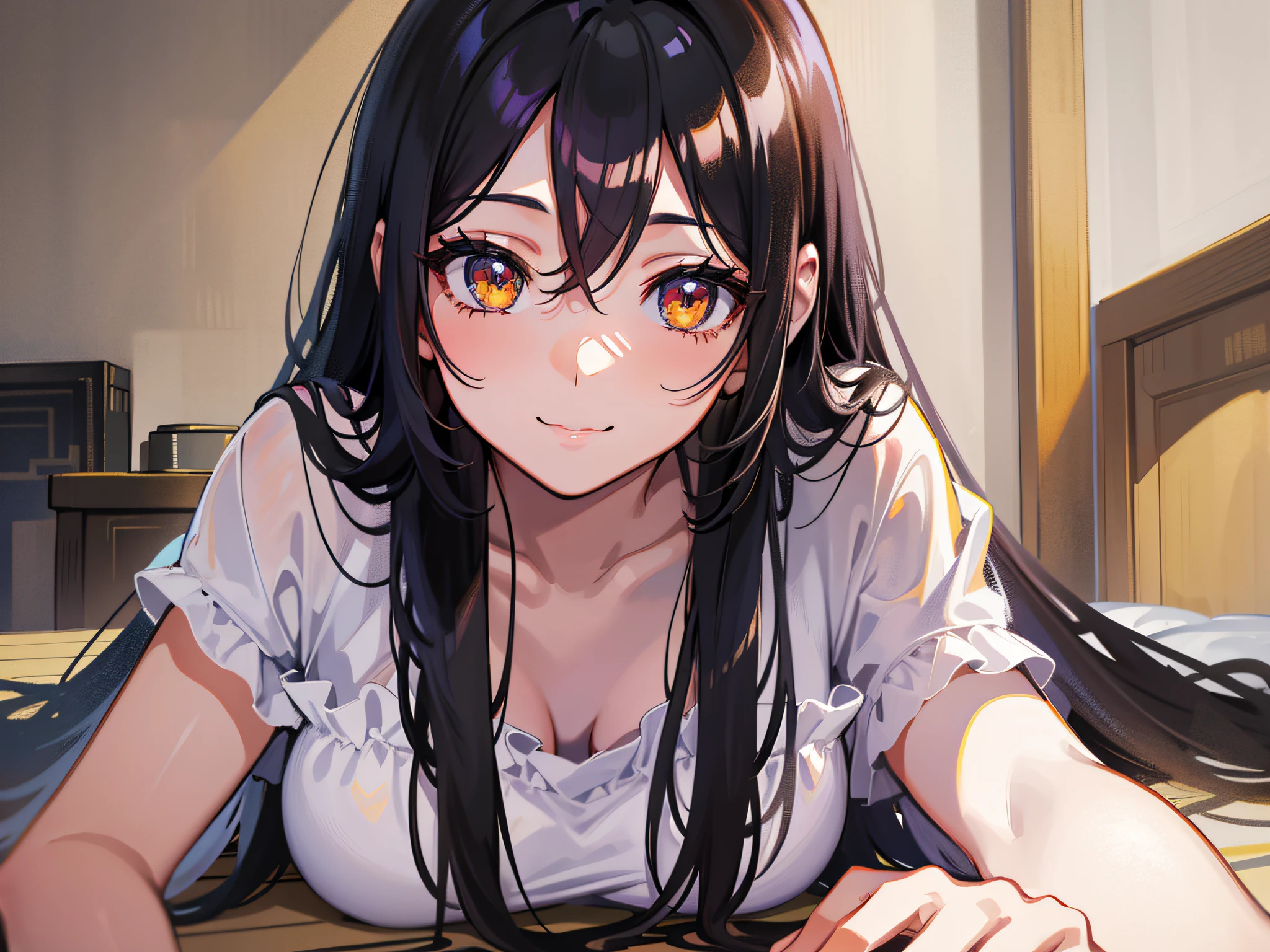 floor level, below face, masterpiece, light smile, a anime woman lying on the floor looking at the camera, black long hair, amber eyes color, perfect face and eyes, chest squeezing the floor wood, can seen butt and feet back head, casual clothes, natural light, chiaroscuro, in bedroom