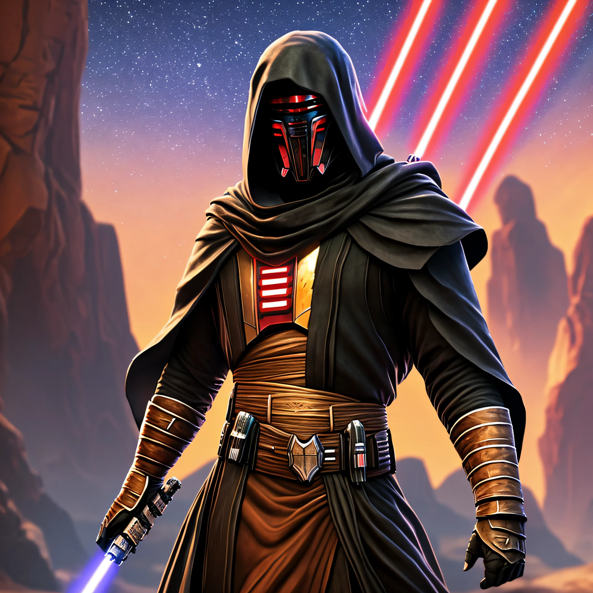 Jedi Sentinel 1 man, cowboy shot, Revan Raiment, black robes, star wars, standing, mask, combat position, detailed background, lightsaber, desert, sand, rocks, watching viewer, (mouth closed: 1.0), NSFW, official art, extremely detailed wallpaper CG unity 8k, perfect lighting, colorful, Bright_Front_face_Lighting, (masterpiece:1.0),(best_quality:1.0), ultra high resolution,4K, ultra-detailed, photography, 8K, HDR, high resolution, absurd: 1.2, Kodak portra 400, film grain, blurred background, bokeh:1.2, lens flare, (vibrant_color:1.2)