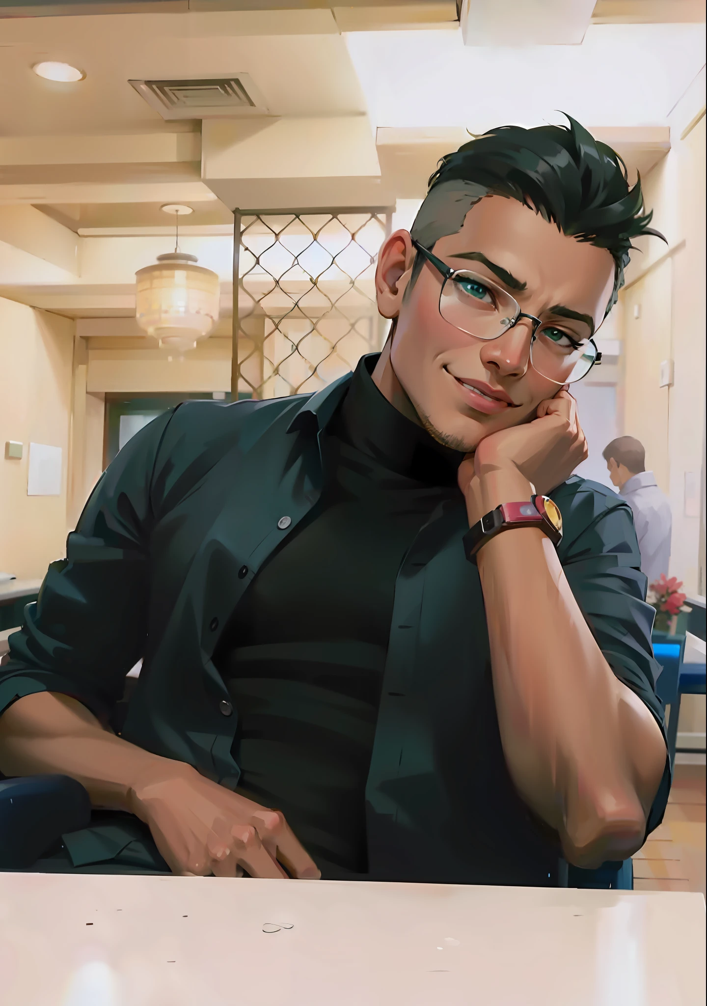 (masterpiece), (best quality: 1.0), (ultra highres: 1.0), detailed illustration, 8k, anime, 1boy, sitting, hand on cheek, young anime boy, slightly smiling, detailed face, black eyes, anime eyes, perfect eyes, looking at camera, glasses, green shirt, open shirt, black turtle neck, restaurant background, highly detailed, anime style