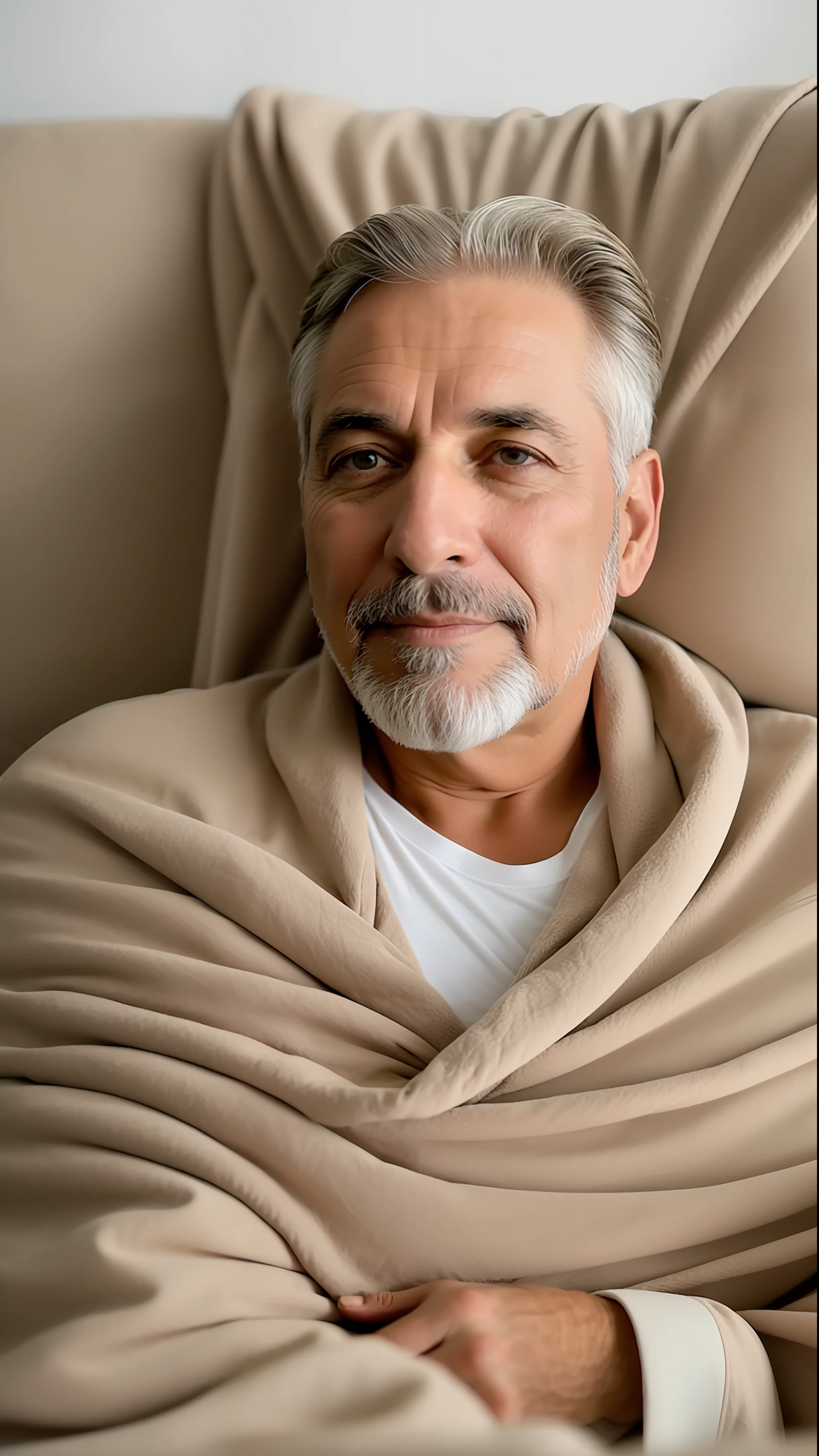 55 year old man, lying on couch, beige blanket, watching movie