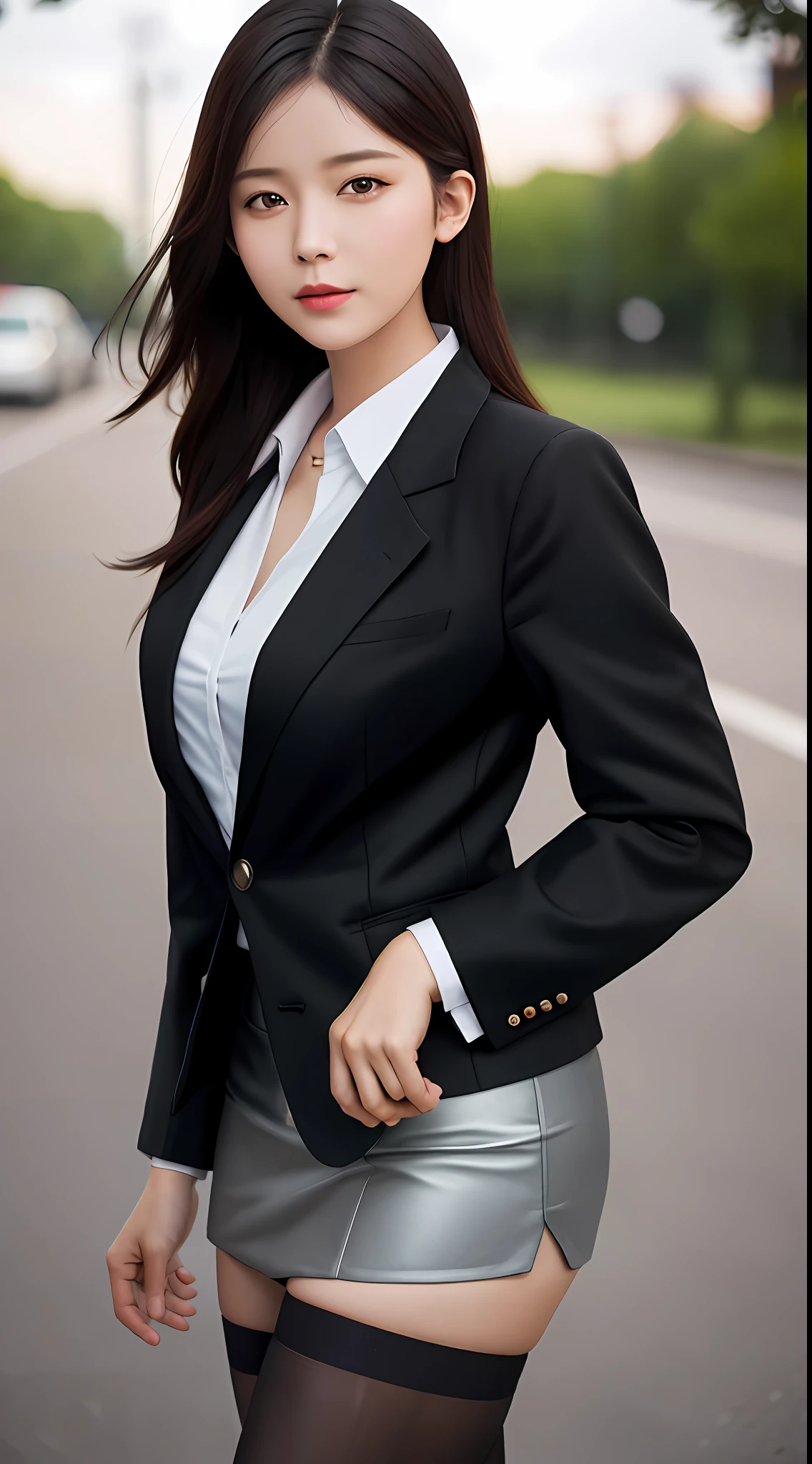 best quality, masterpiece, 1girl, beautiful face, (realistic photo: 1.3), rim lighting, (highly detailed skin: 1.2), 8k uhd, dslr, high quality, high resolution, 4k, 8k, Bokeh, absurd, best aspect ratio four fingers and a thumb, (realistic: 1.3), cute 1girl, wearing black formal blazer, medium breasts, short skirt,Nikon D750 DSLR Camera with 24-120mm f/4G ED VR Lens
