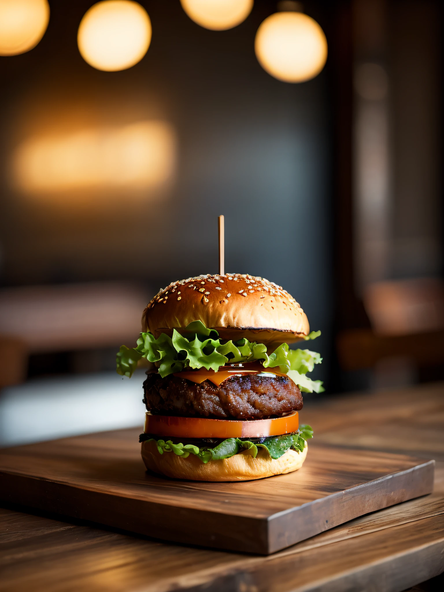 Macro photo of a delicious burger on a wooden table in a rustic and sophisticated restaurant, food photography, advertising photography, sharp macro quality, warm colors, soft light, extremely detailed, beautiful, establishing shooting, artistic, hyper-realistic, octane rendering, cinematic lighting, dramatic lighting, masterpiece, blatant light, extremely detailed