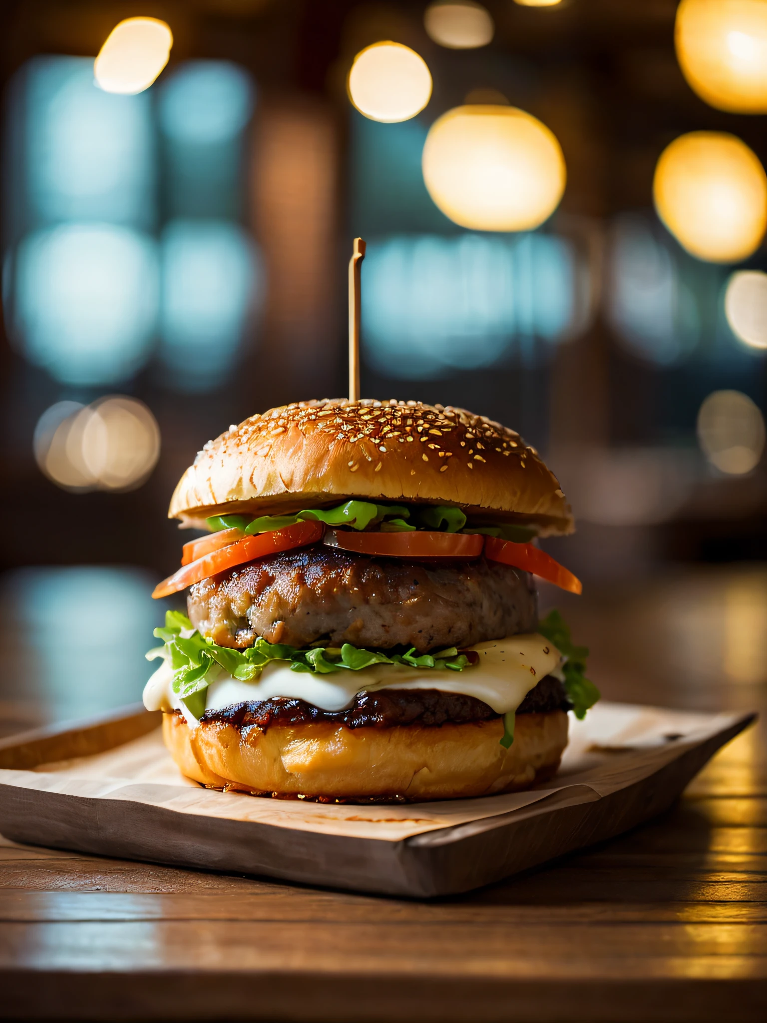 Macro photo of a delicious burger on a wooden table in a rustic and sophisticated restaurant, food photography, advertising photography, sharp macro quality, warm colors, soft light, extremely detailed, beautiful, establishing shooting, artistic, hyper-realistic, octane rendering, cinematic lighting, dramatic lighting, masterpiece, blatant light, extremely detailed